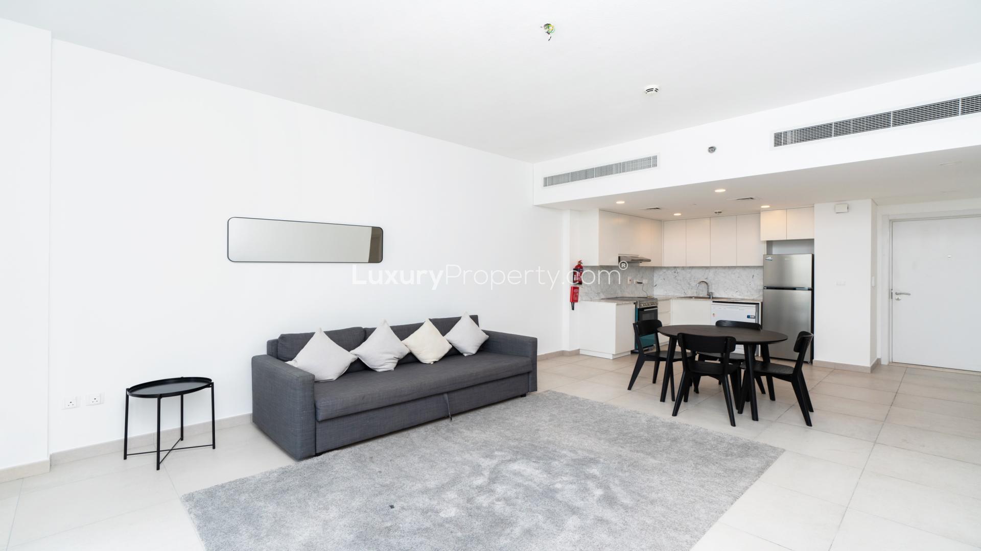 Modern living area in 1-bedroom apartment, Lamtara 3, Umm Suqeim with balcony views