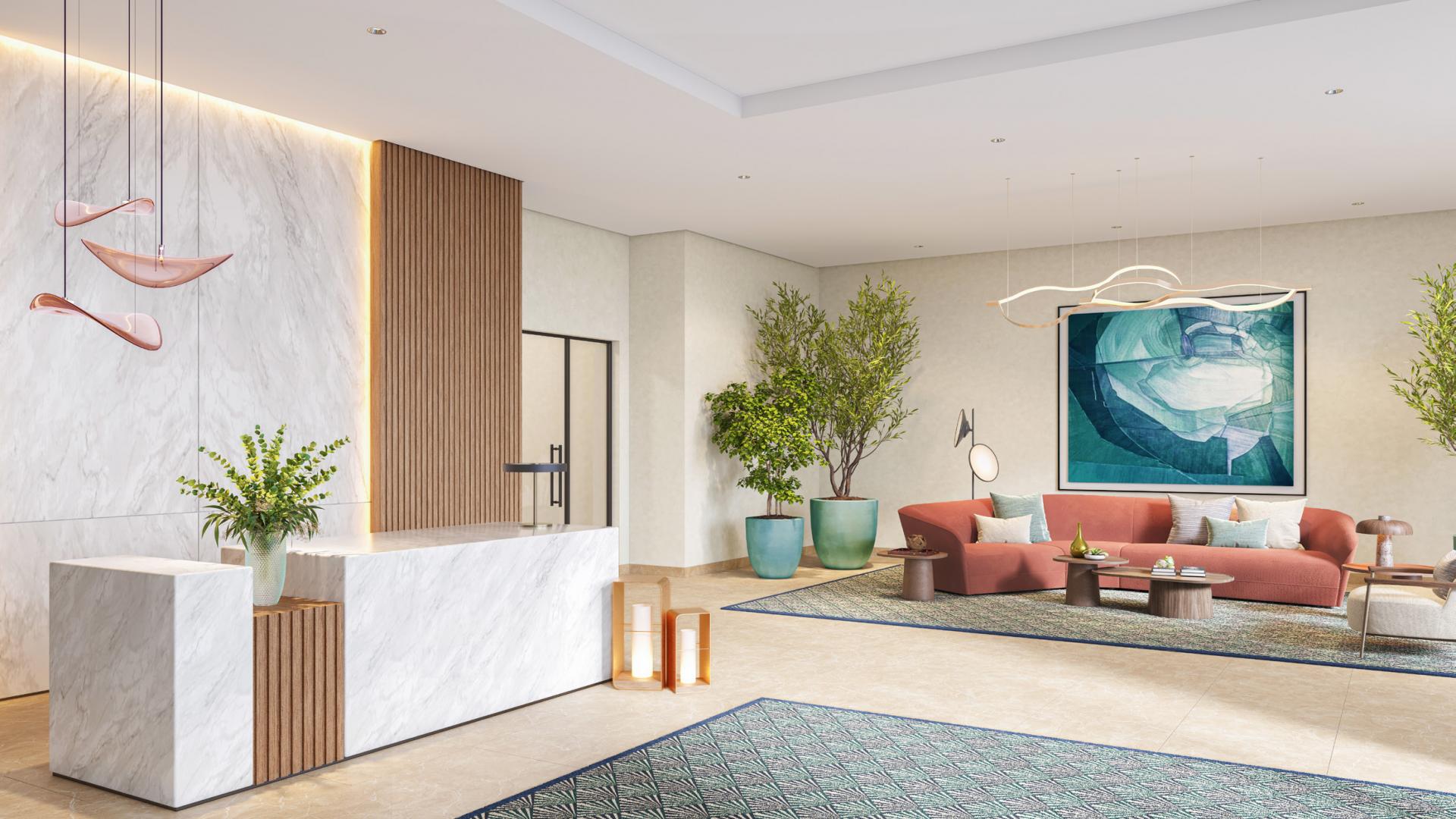 Luxurious living room in Mina Rashid apartment with modern decor and large windows