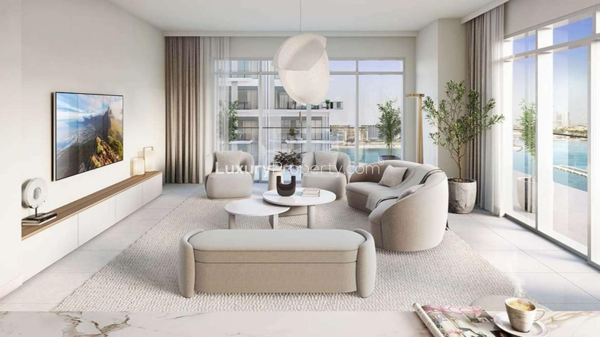 Luxurious pool and marina view from Emaar Beachfront apartment in Dubai Harbour