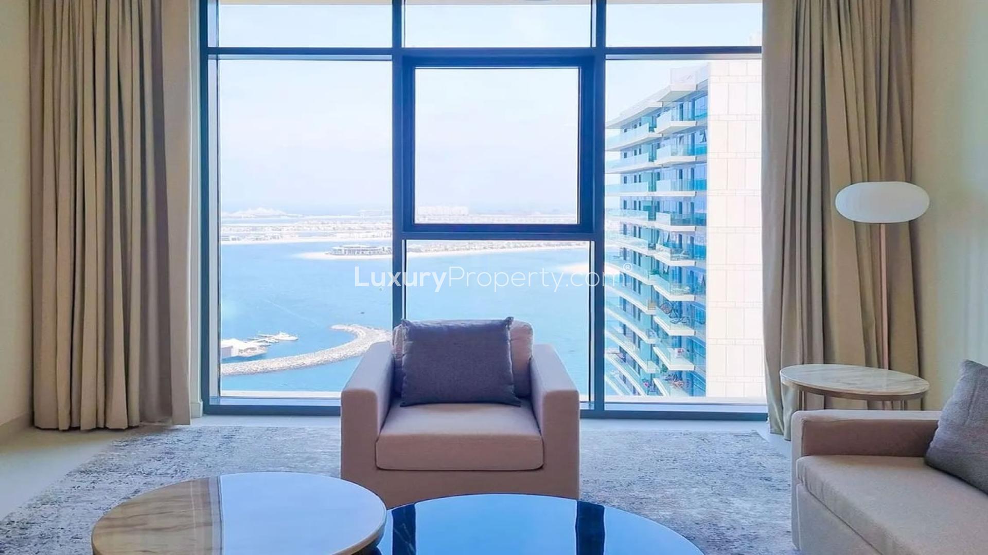 Elegant living room with stunning Palm Jumeirah views, Emaar Beachfront apartment, Dubai Harbour