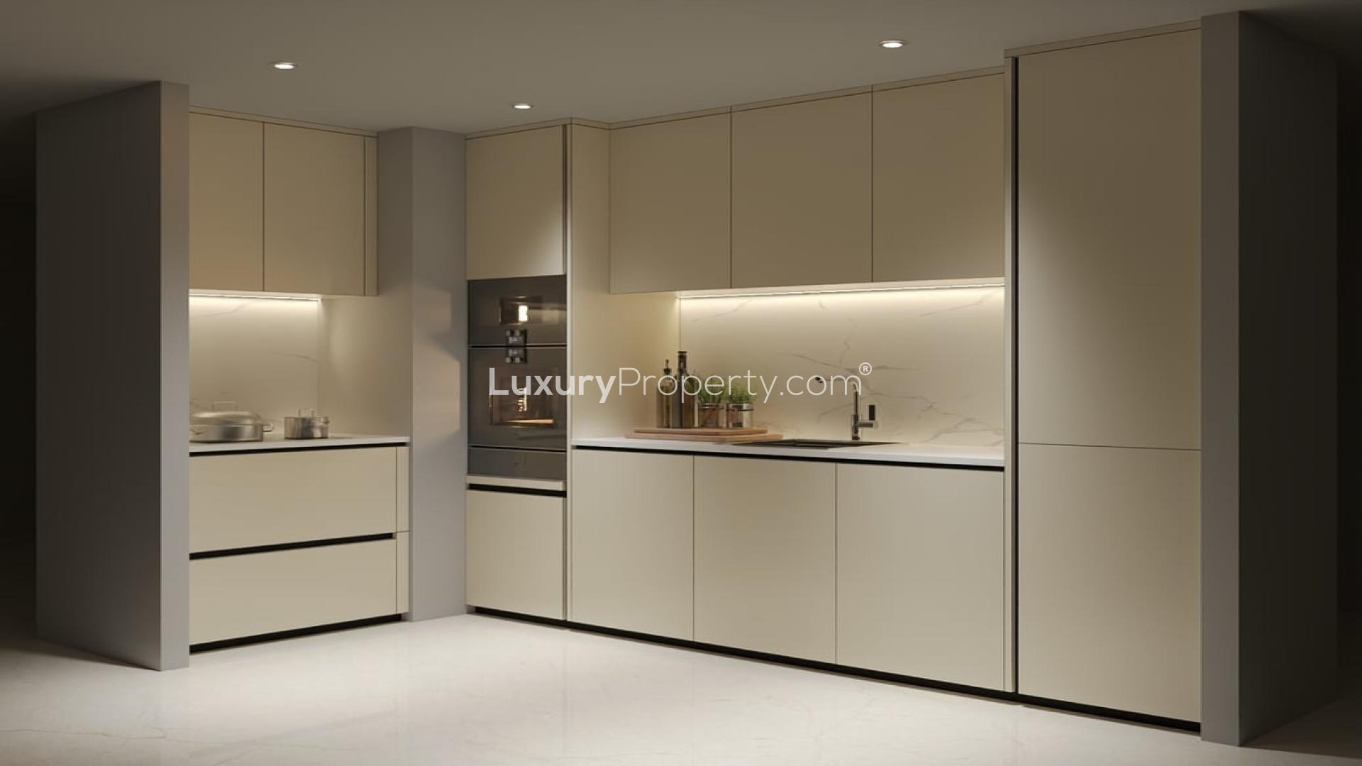 Oceanfront apartment view in Emaar Beachfront, Dubai Harbour, overlooking marina and skyline