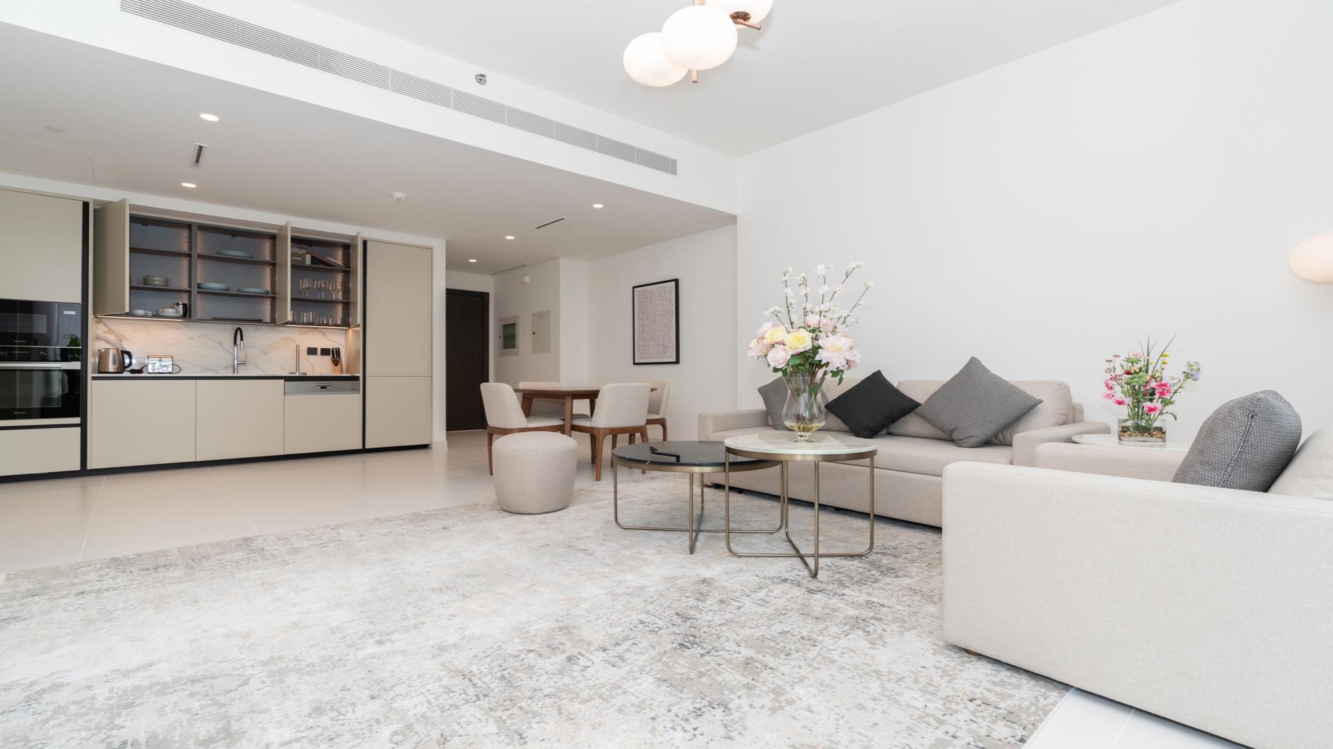 Contemporary living room in one-bedroom apartment, Emaar Beachfront, South Beach, Dubai Harbour