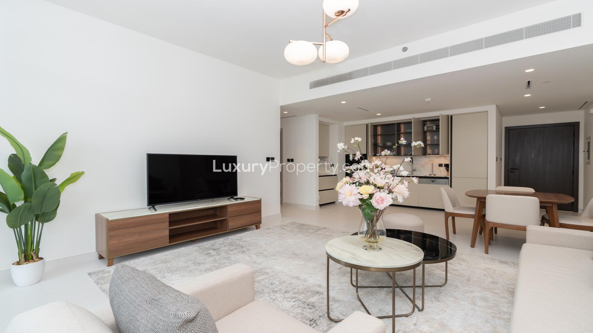 Balcony view of Dubai skyline from Emaar Beachfront apartment in South Beach, Dubai Harbour