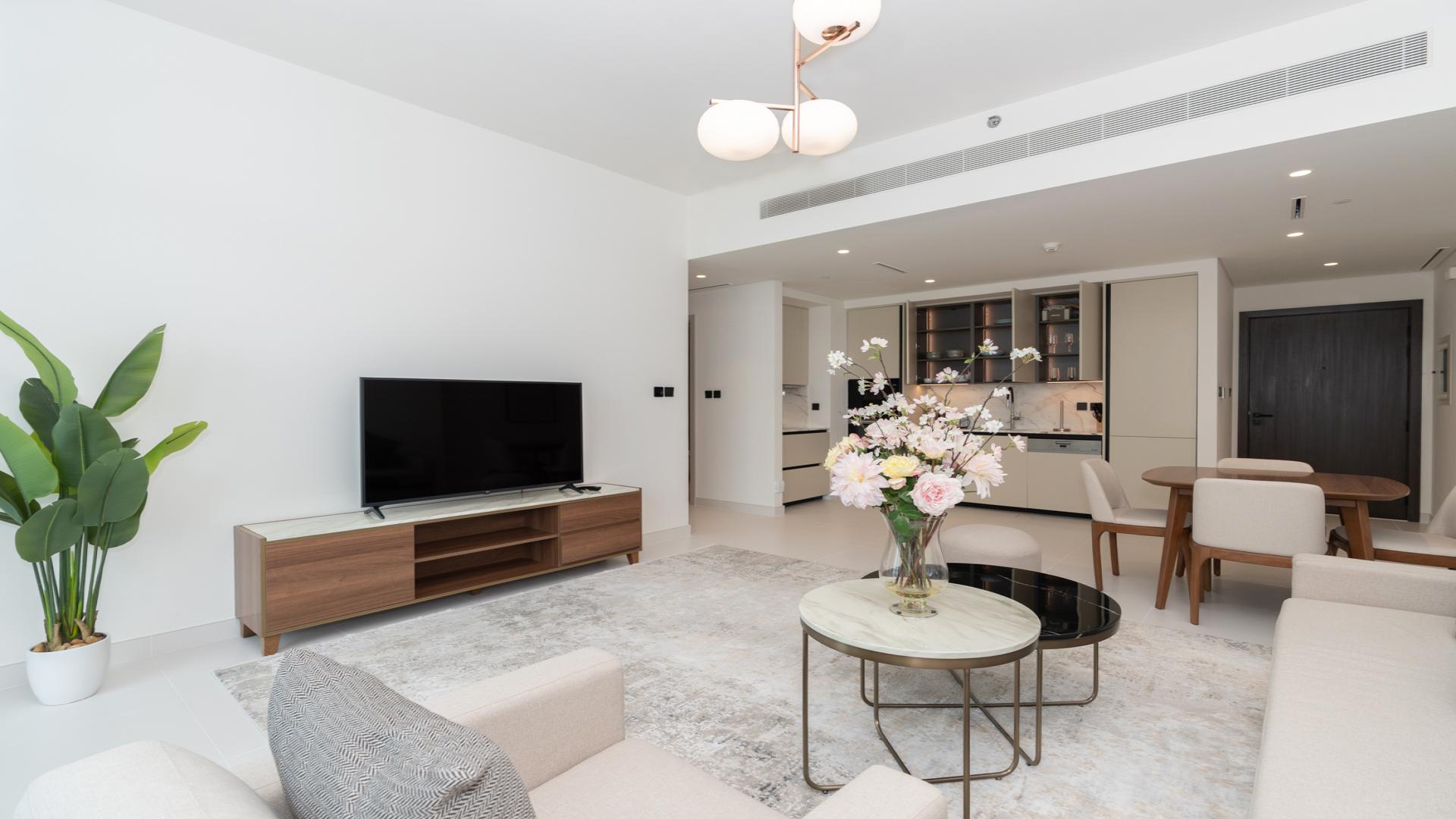 Balcony view of Dubai skyline from Emaar Beachfront apartment in South Beach, Dubai Harbour