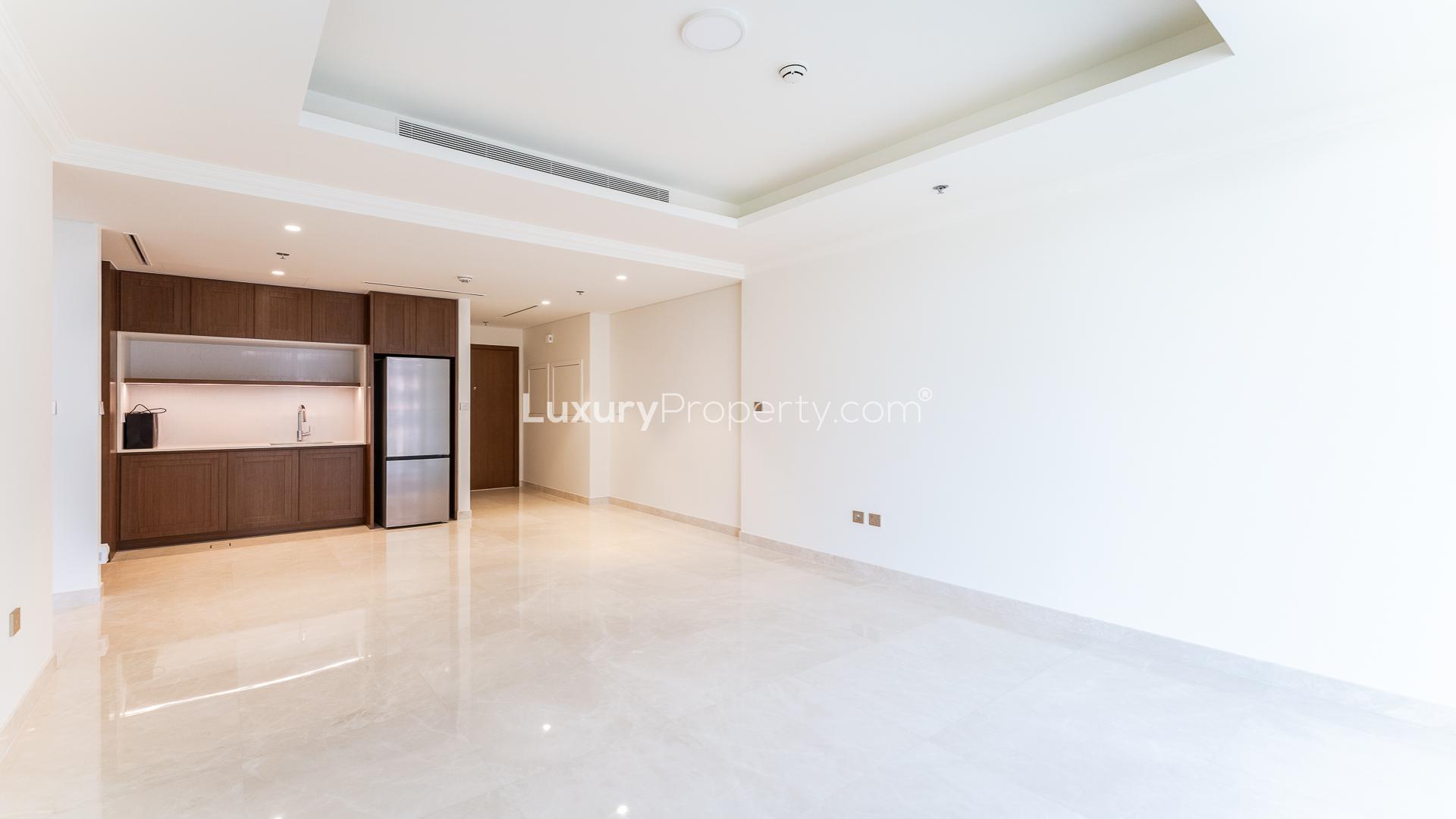 Modern kitchen and living area in 1-bedroom apartment, Palace Beach Residence, Dubai Harbour