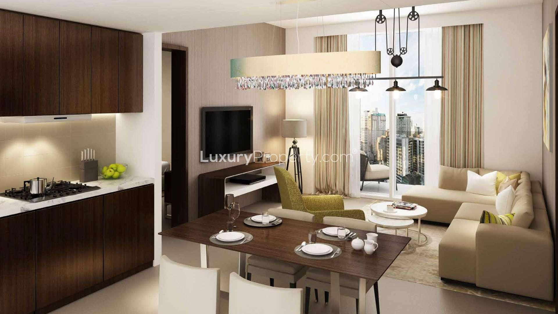 Luxury one-bedroom apartment balcony with stunning downtown views in Reva Residences, Business Bay