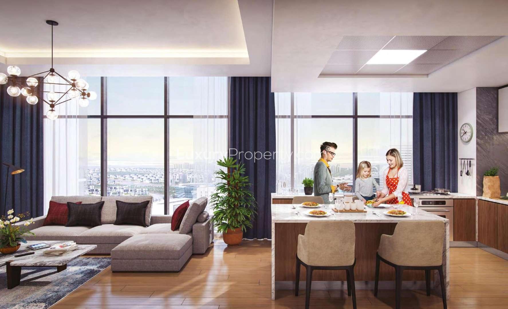 N/A,Modern one-bedroom apartment interior in Meydan Riviera, featuring open kitchen and living area