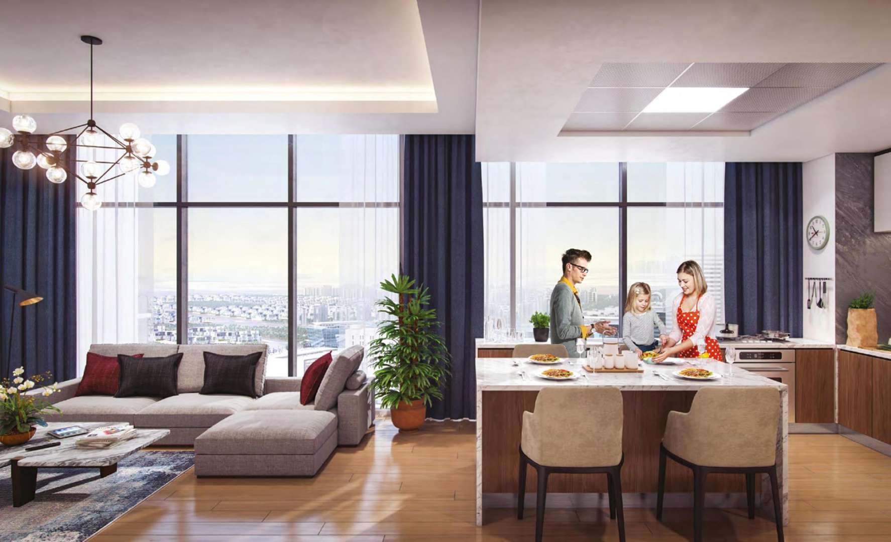 N/A,Modern one-bedroom apartment interior in Meydan Riviera, featuring open kitchen and living area