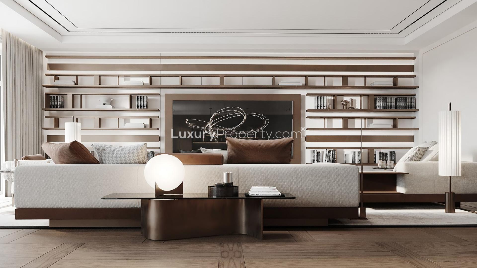 Luxurious living room in one-bedroom apartment, Raffles Residences, Palm Jumeirah for sale