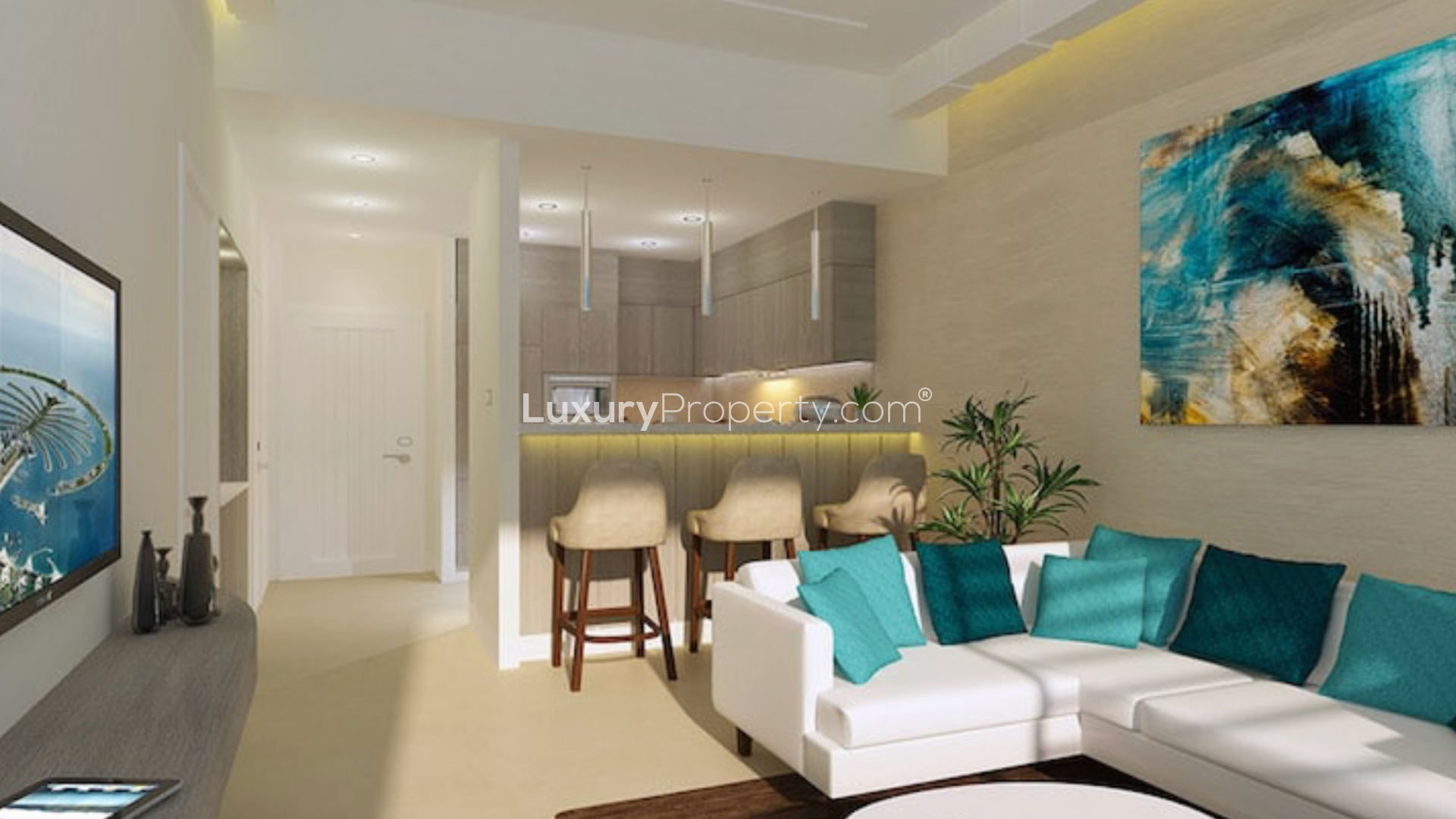 Luxury Palm Jumeirah apartment balcony with stunning sea and skyline views at sunset