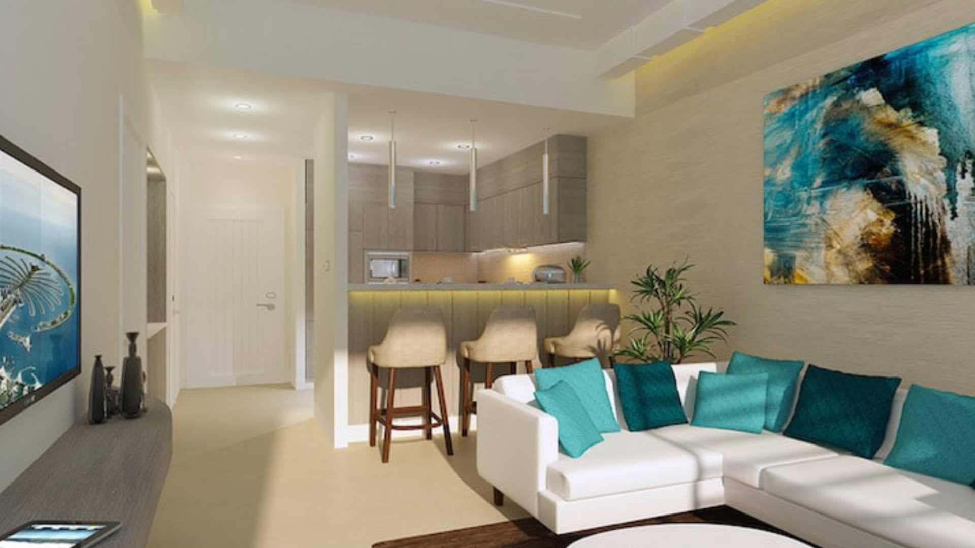 Luxury Palm Jumeirah apartment balcony with stunning sea and skyline views at sunset