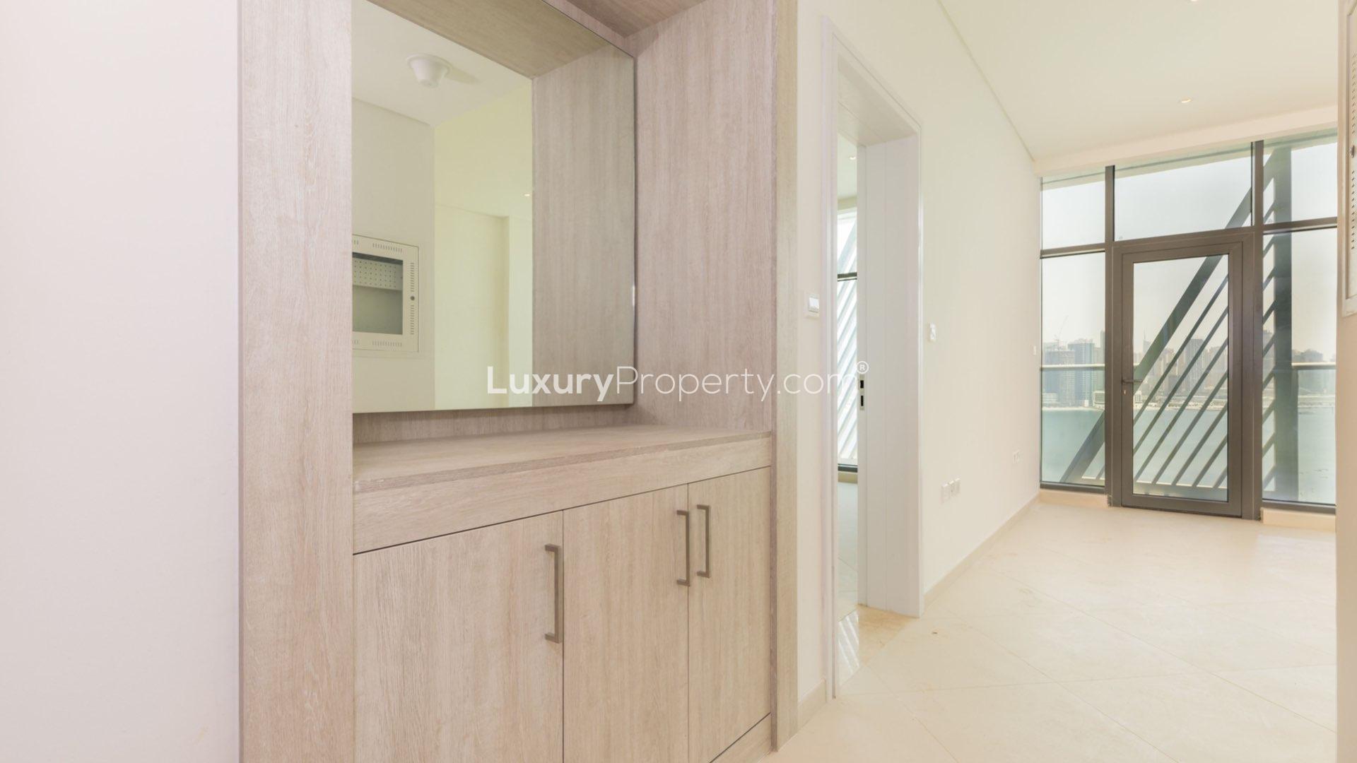 Brand new sea-facing Palm Jumeirah apartment interior with modern finishes and balcony view