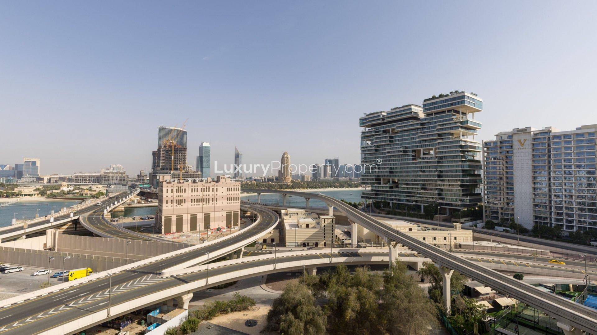 Balcony view from Shoreline Apartments, Palm Jumeirah, overlooking skyline and modern architecture