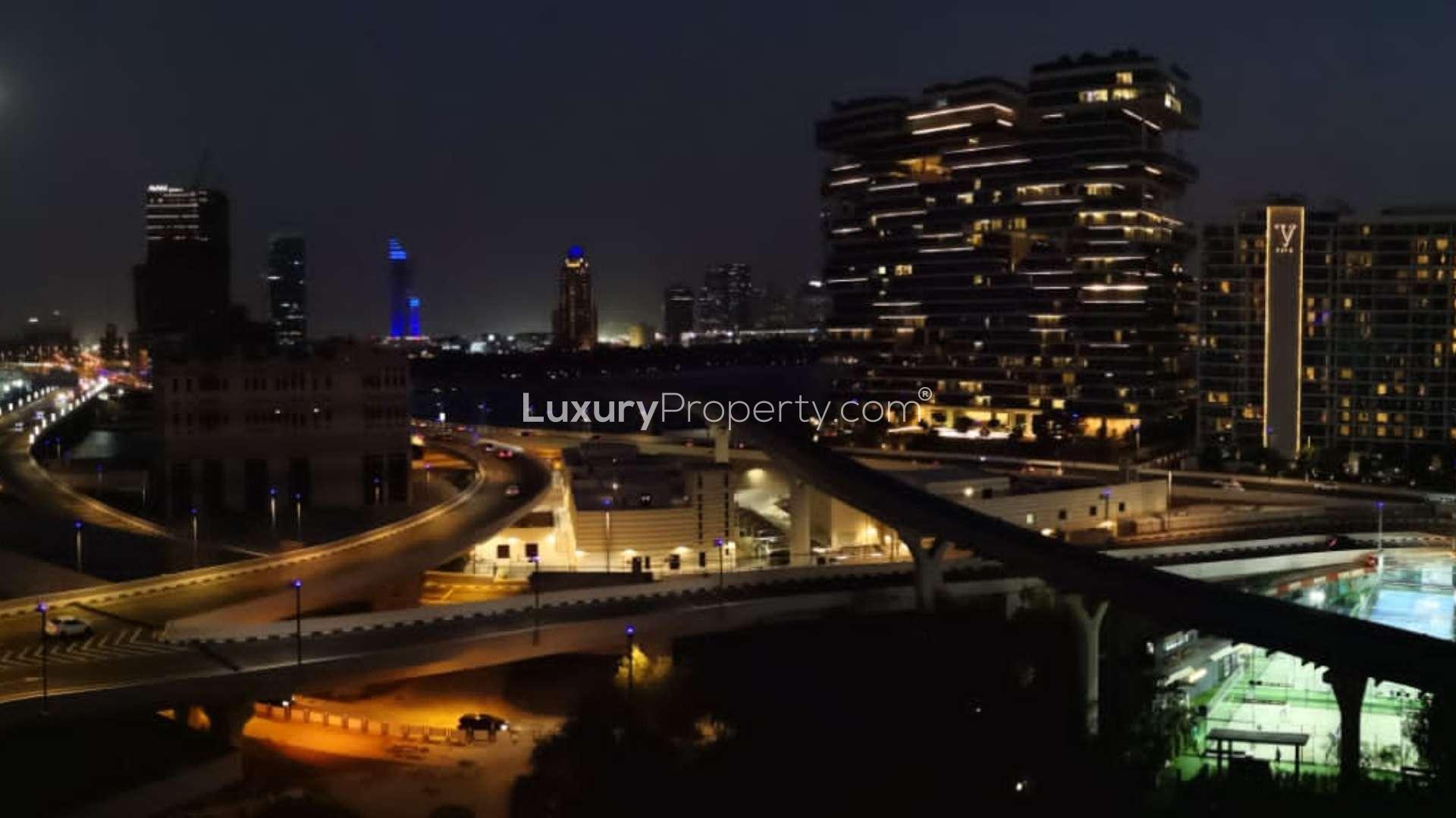 Aerial view of Shoreline Apartments, Palm Jumeirah, near sea, showcasing modern architecture