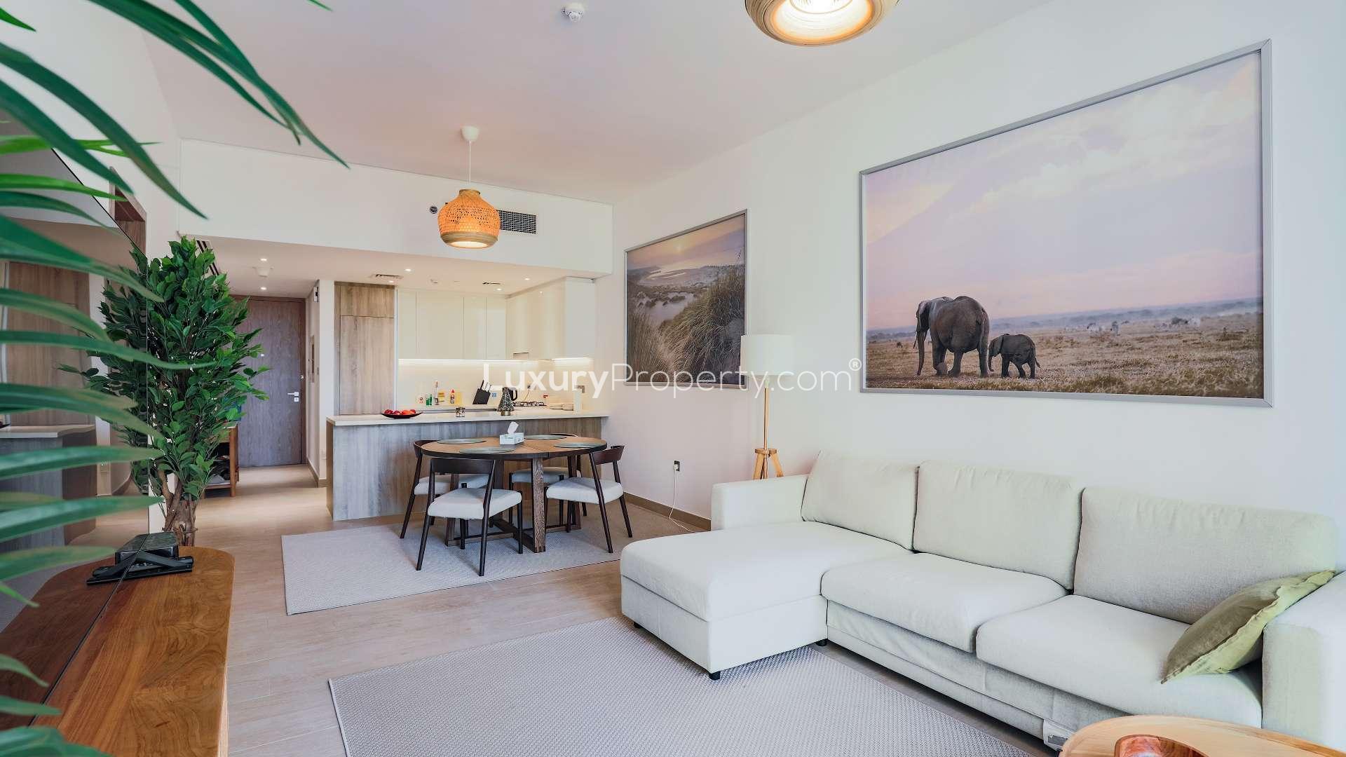 Tall residential buildings in Dubai Marina community near LIV Residence, clear blue sky background