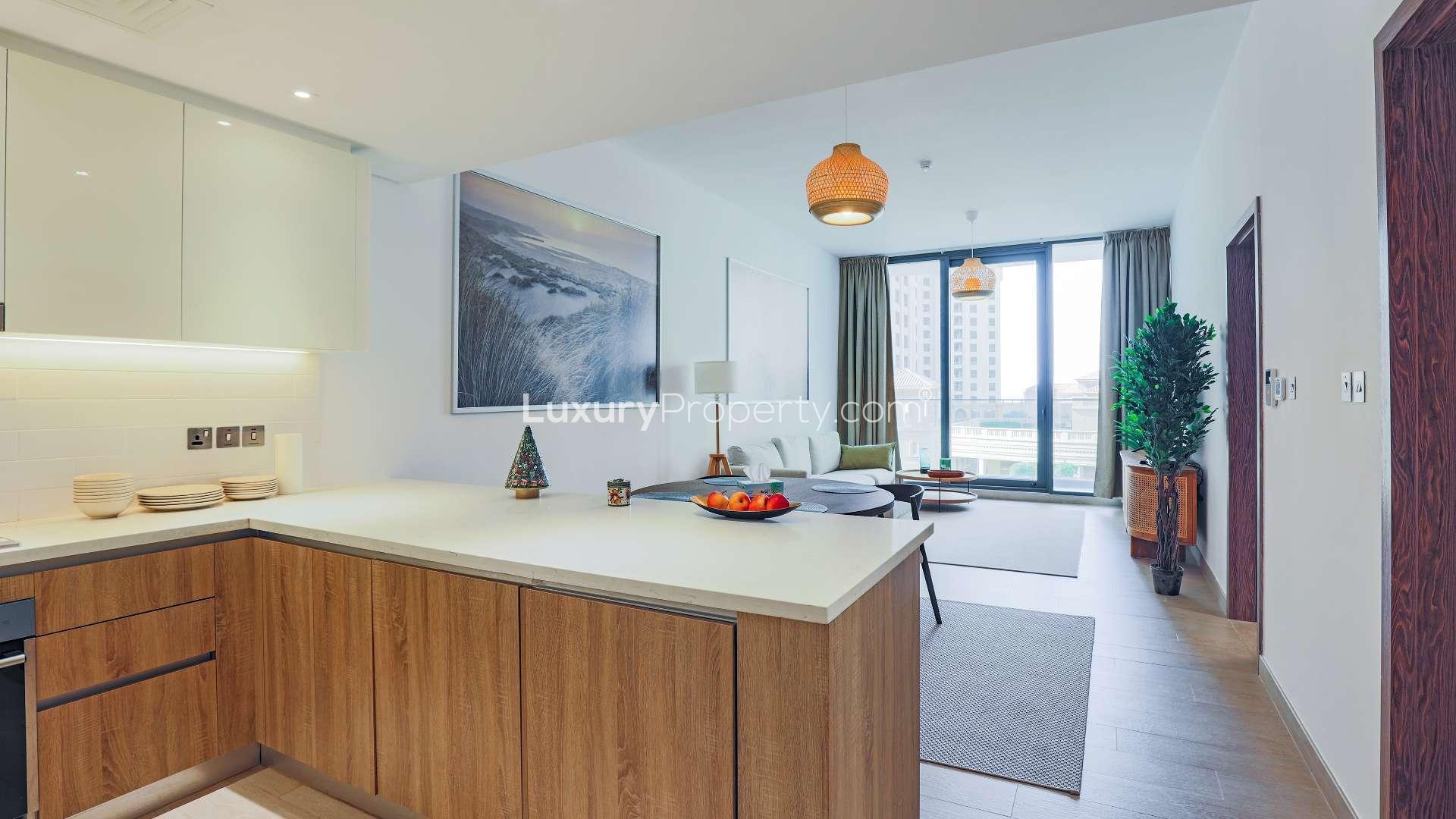 Furnished living room in 1-bed apartment, LIV Residence, Dubai Marina, with balcony view