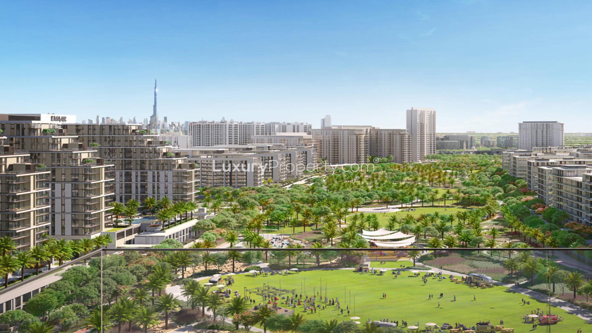 Aerial view of Parkside Views, Dubai Hills Estate, lush greenery, modern apartments, city skyline