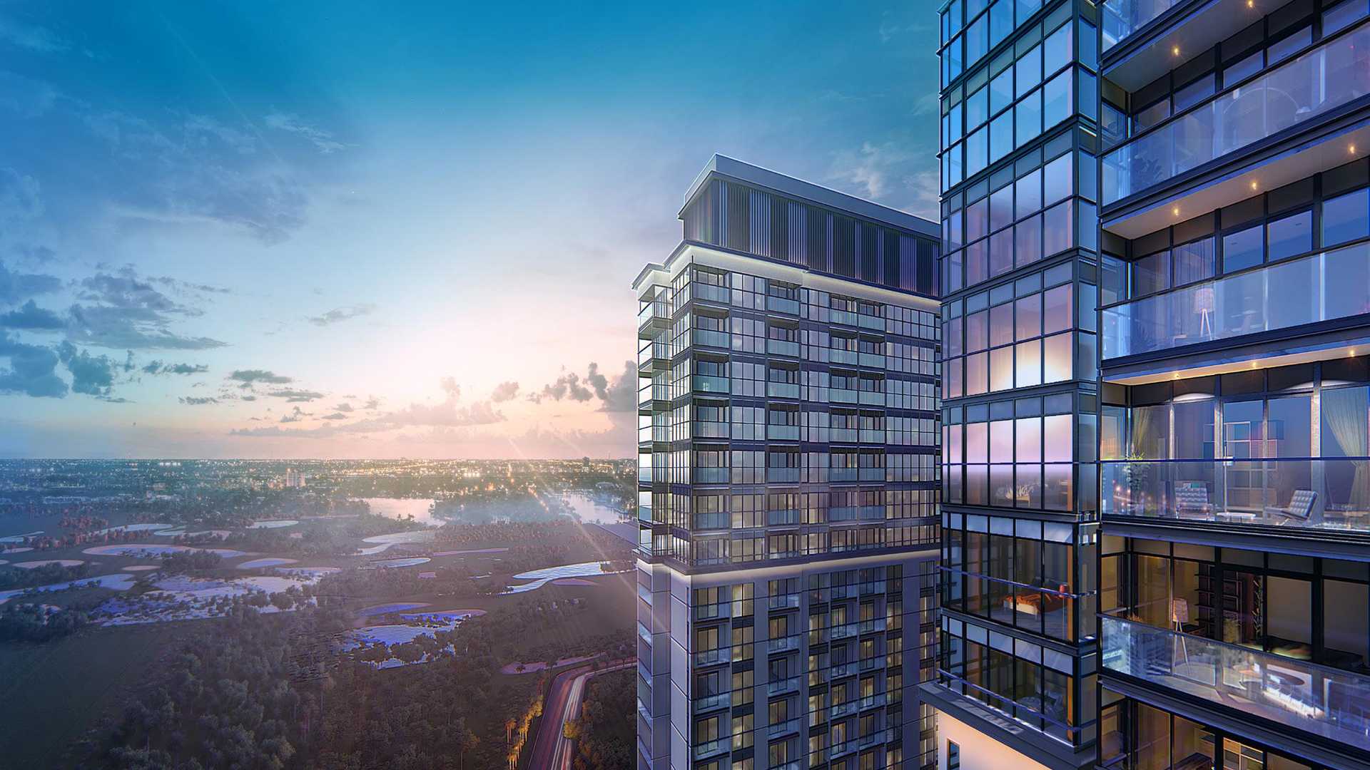 Luxury apartment outdoor lounge and pool area in Sobha Creek Vista, MBR City