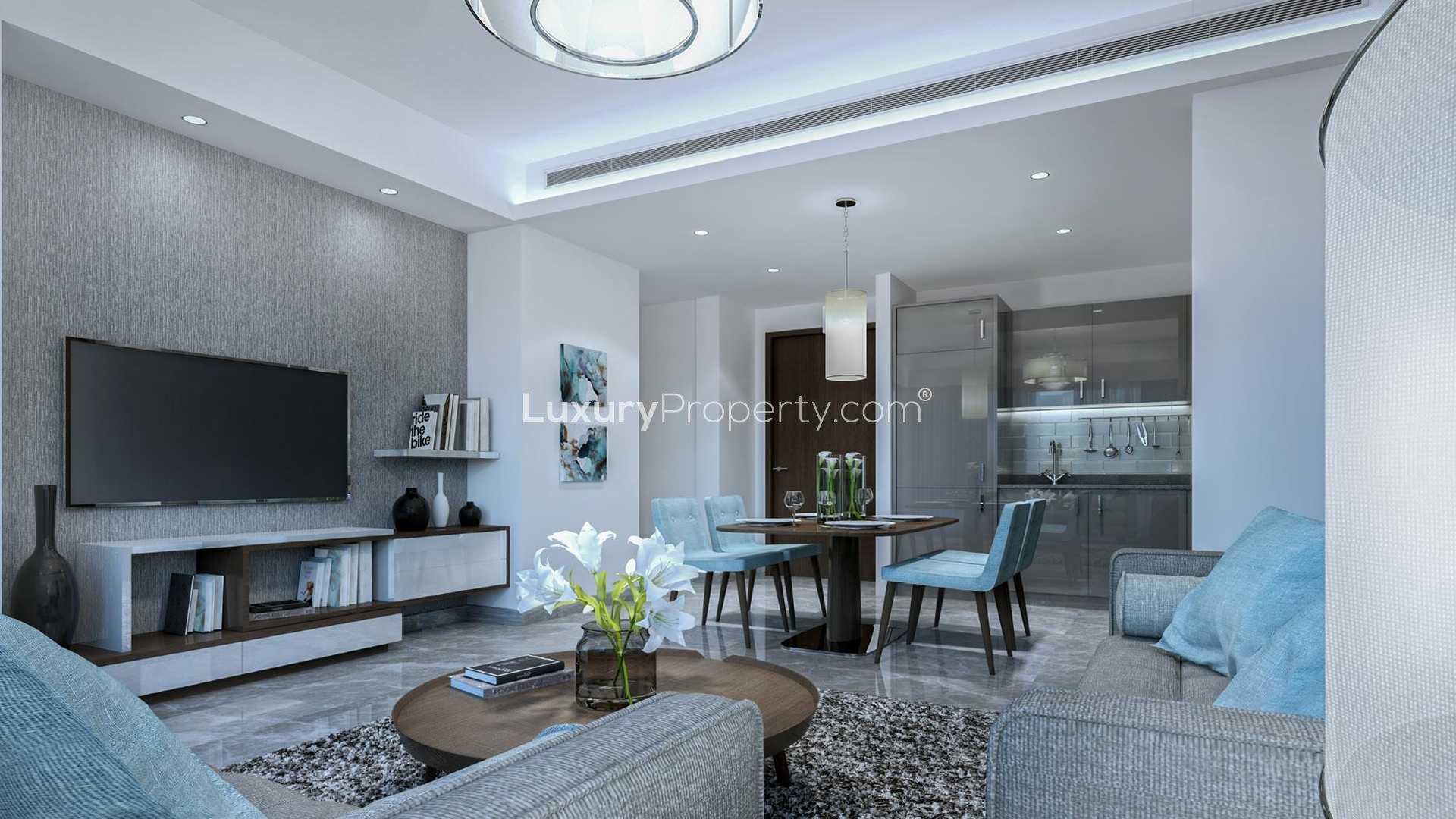 "Modern Sobha Hartland apartment towers in Mohammed Bin Rashid City, stunning architecture and design.",Modern living room in one-bedroom Creek Vista apartment, Sobha Hartland, for sale