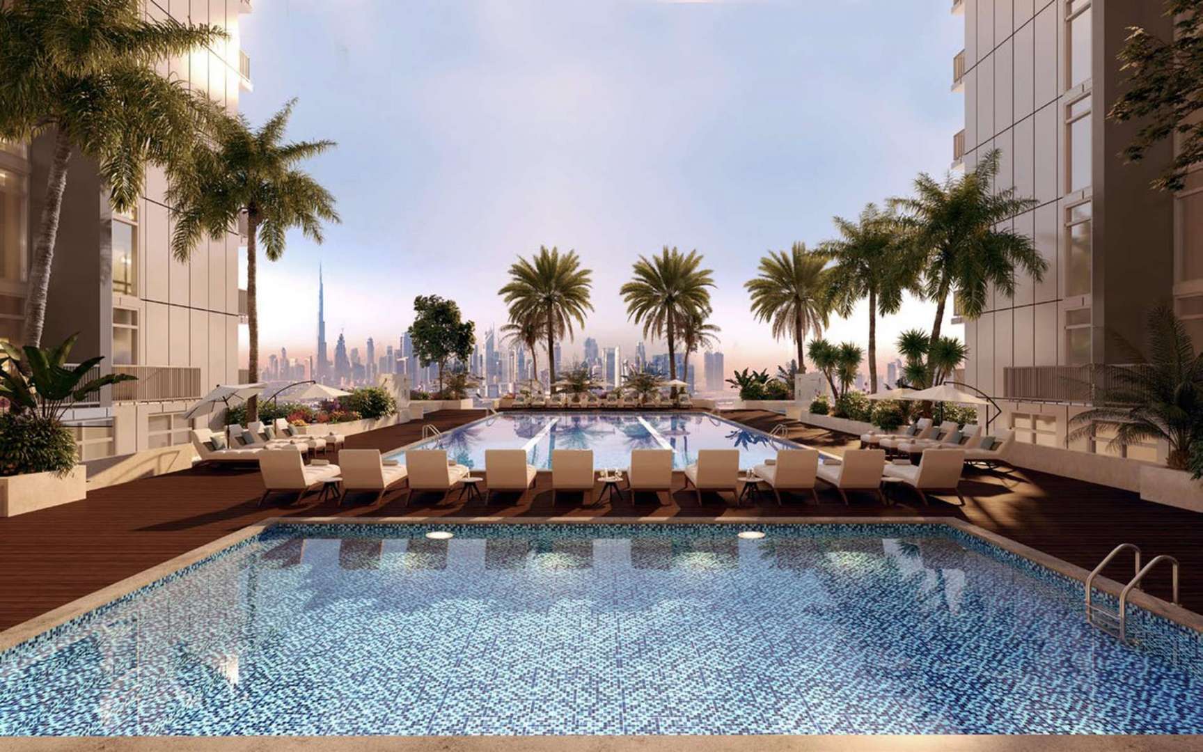 Outdoor yoga area at modern Sobha Creek Reserve apartment in Dubai's Mohammed Bin Rashid City