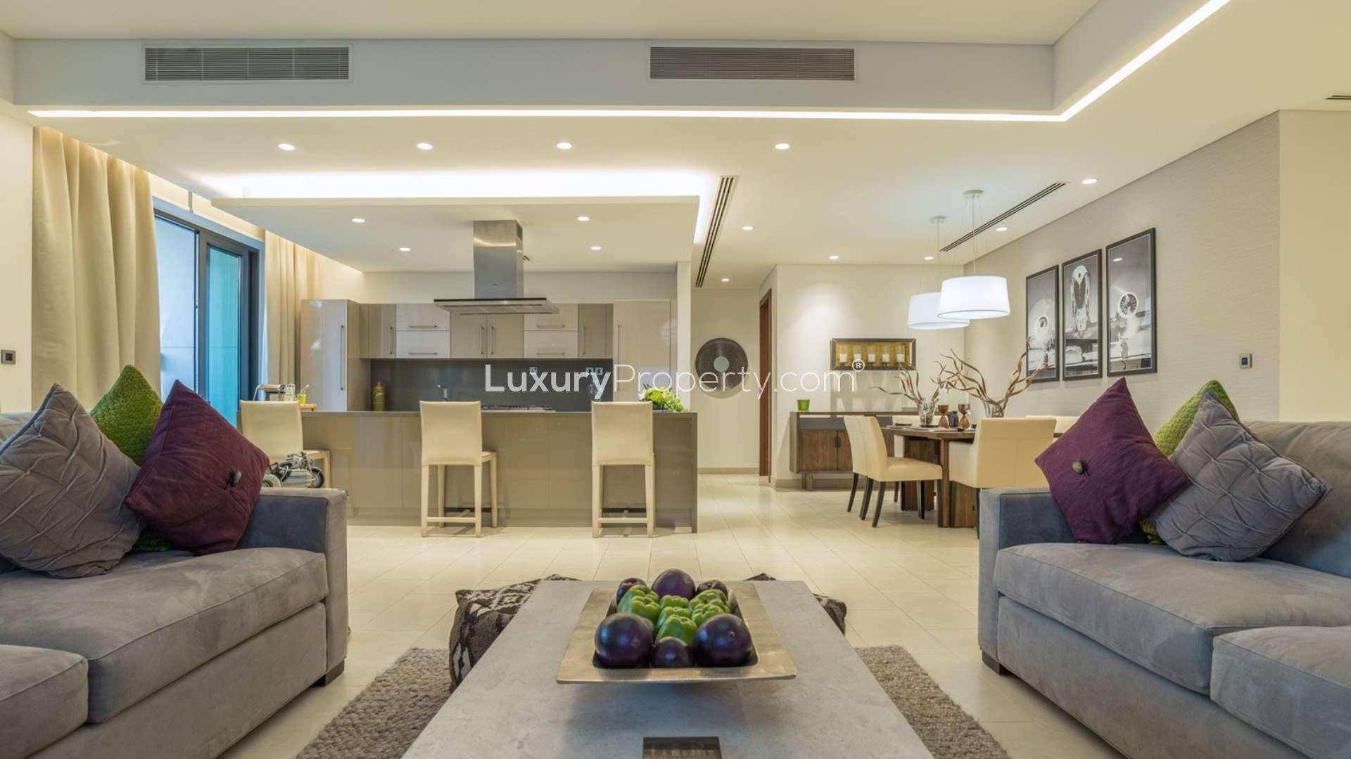 Outdoor patio of luxury one-bedroom apartment at Hartland Greens, Mohammed Bin Rashid City