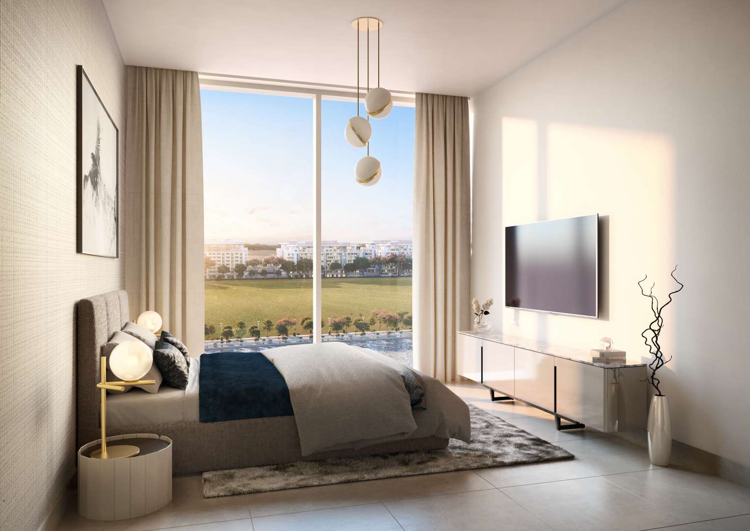 Aerial view of Waves Grande apartment complex with landscaped gardens, Sobha Hartland, Dubai