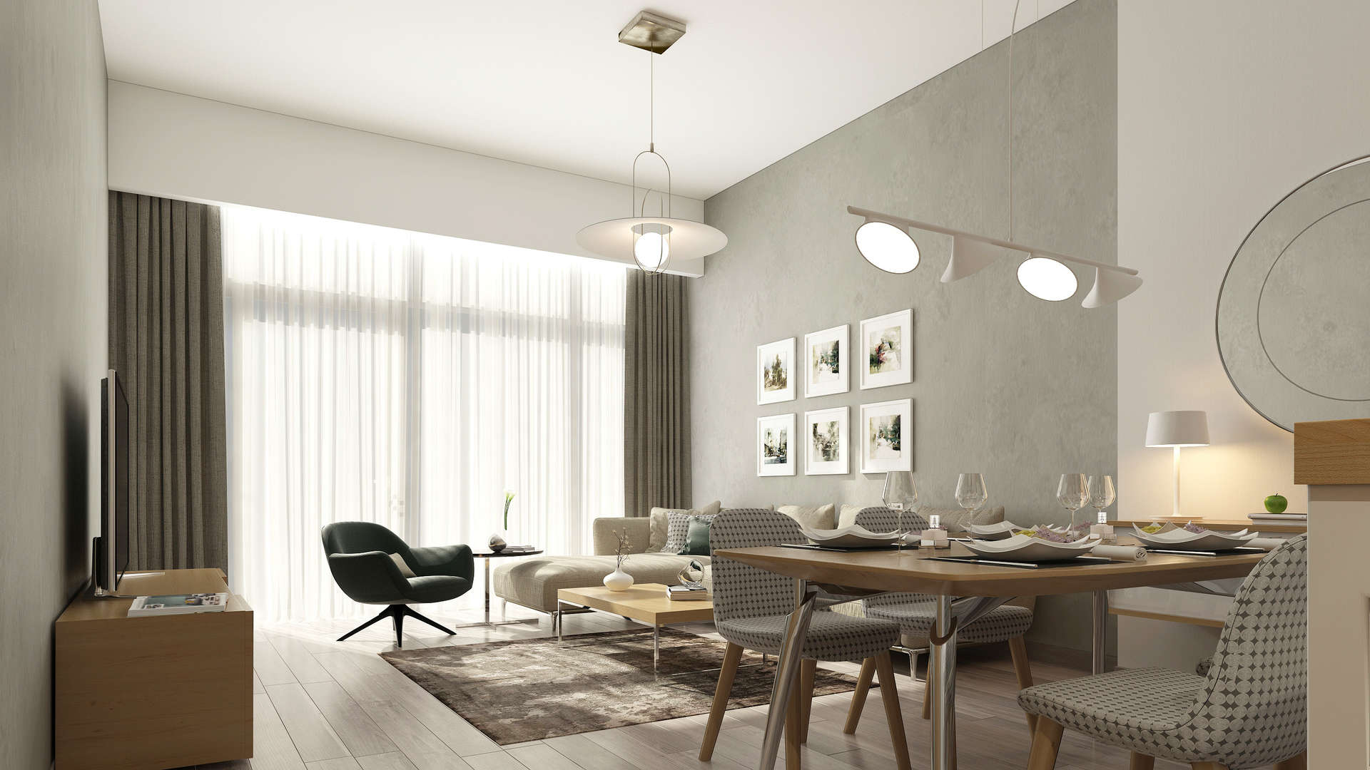 Modern apartment building exterior in Studio 101, Dubai Studio City, with balconies and palm trees