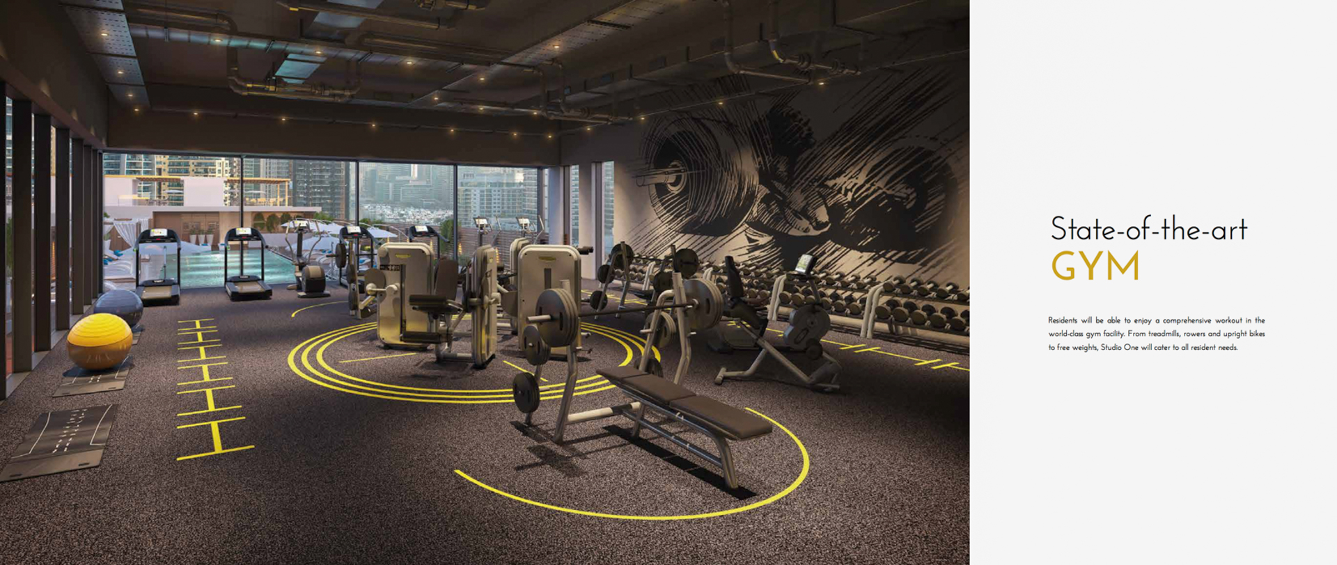"Retail outlets near Studio One apartment, Dubai Marina, showcasing vibrant community lifestyle.",State-of-the-art gym in Studio One, Dubai Marina apartment for sale, LP0510