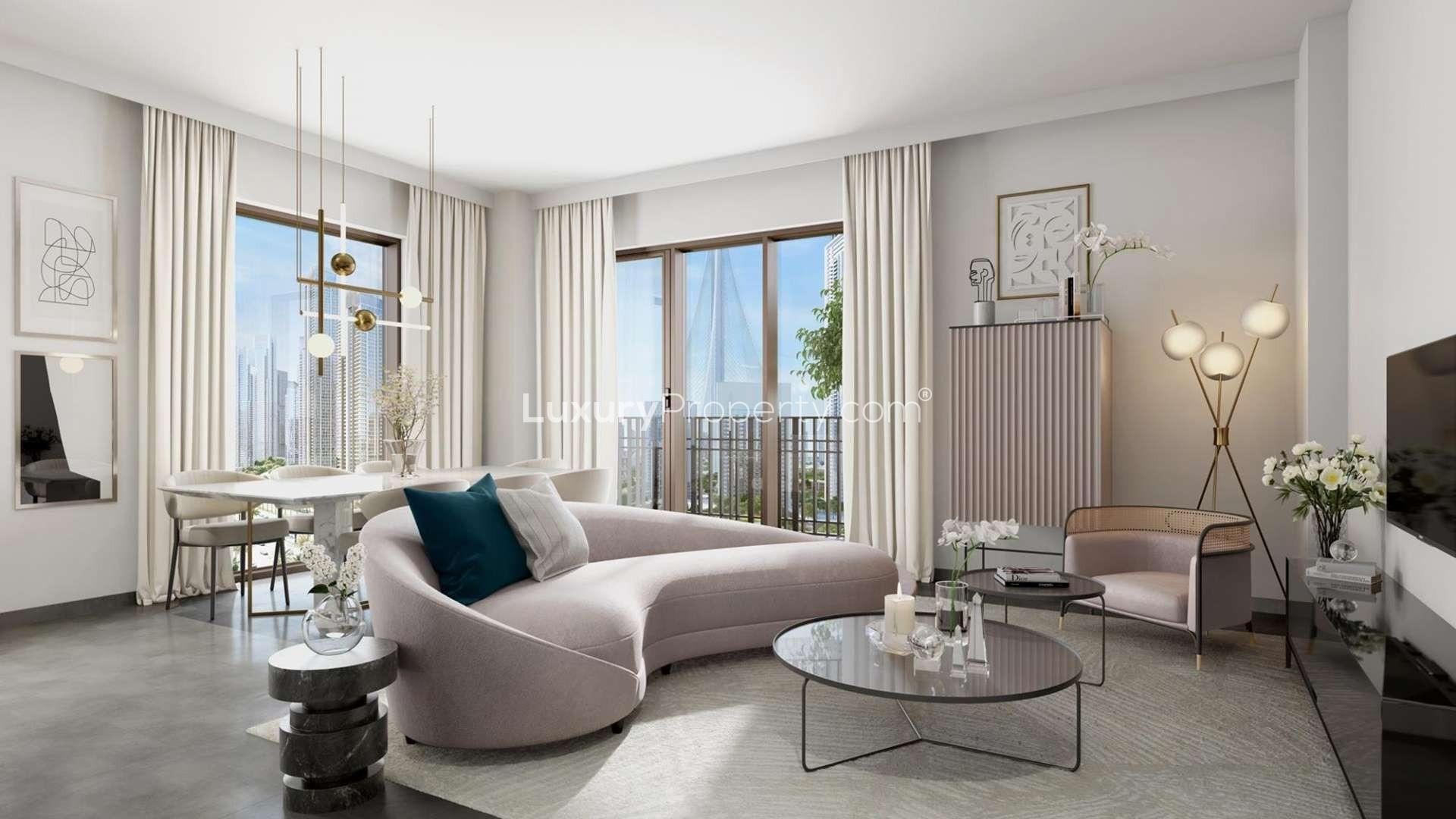 Spacious apartment buildings at Summer, Creek Beach, Dubai, surrounded by greenery and skyline