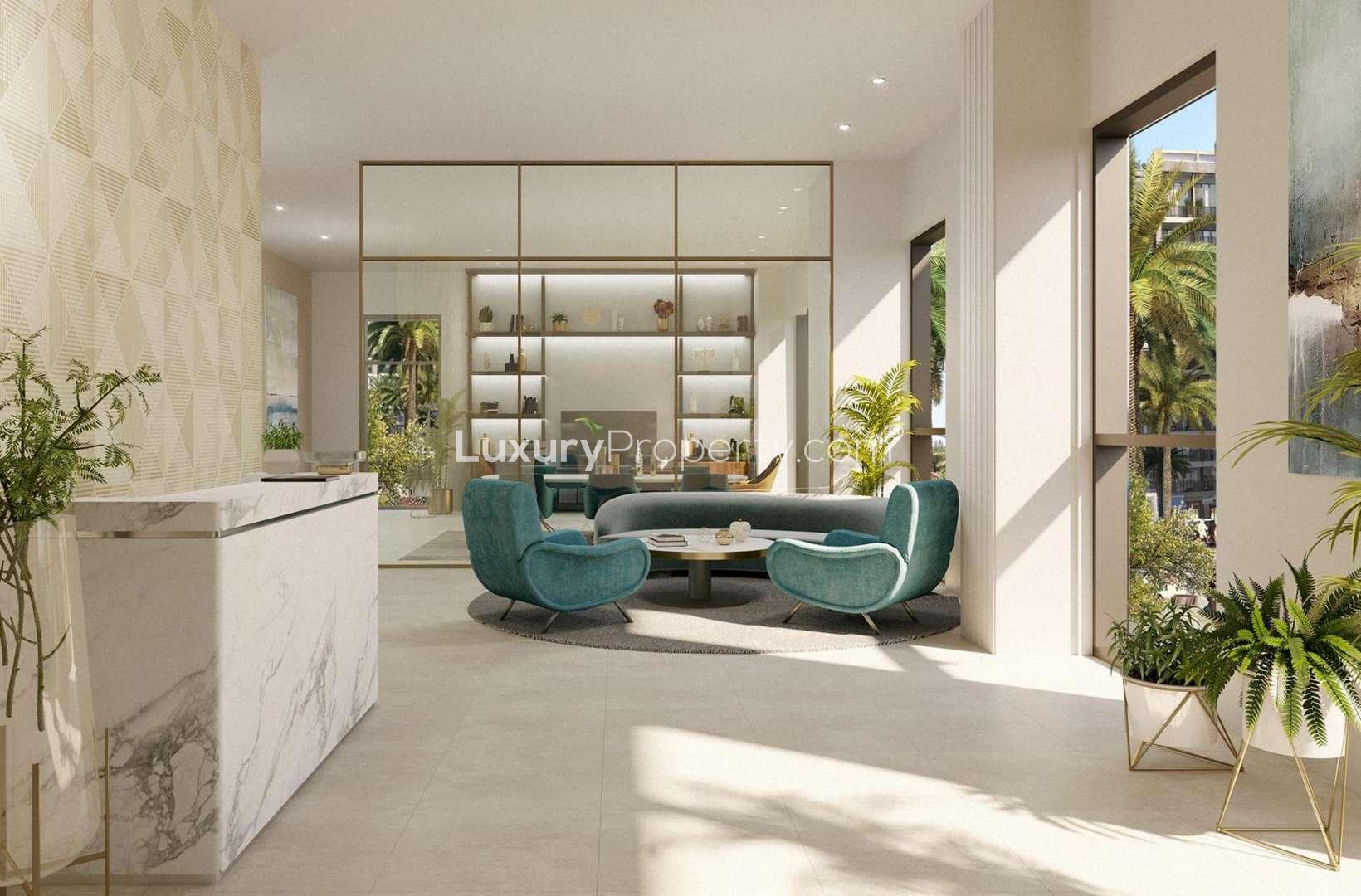 Modern residential buildings and landscaped area at Summer, Creek Beach, Dubai