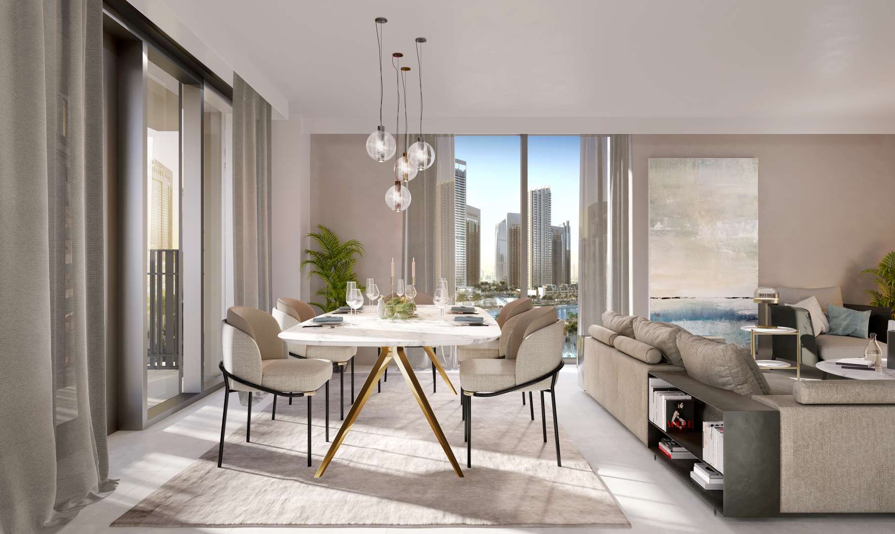 High-floor apartment view in Creek Beach, Dubai Creek Harbour, modern skyline and waterfront