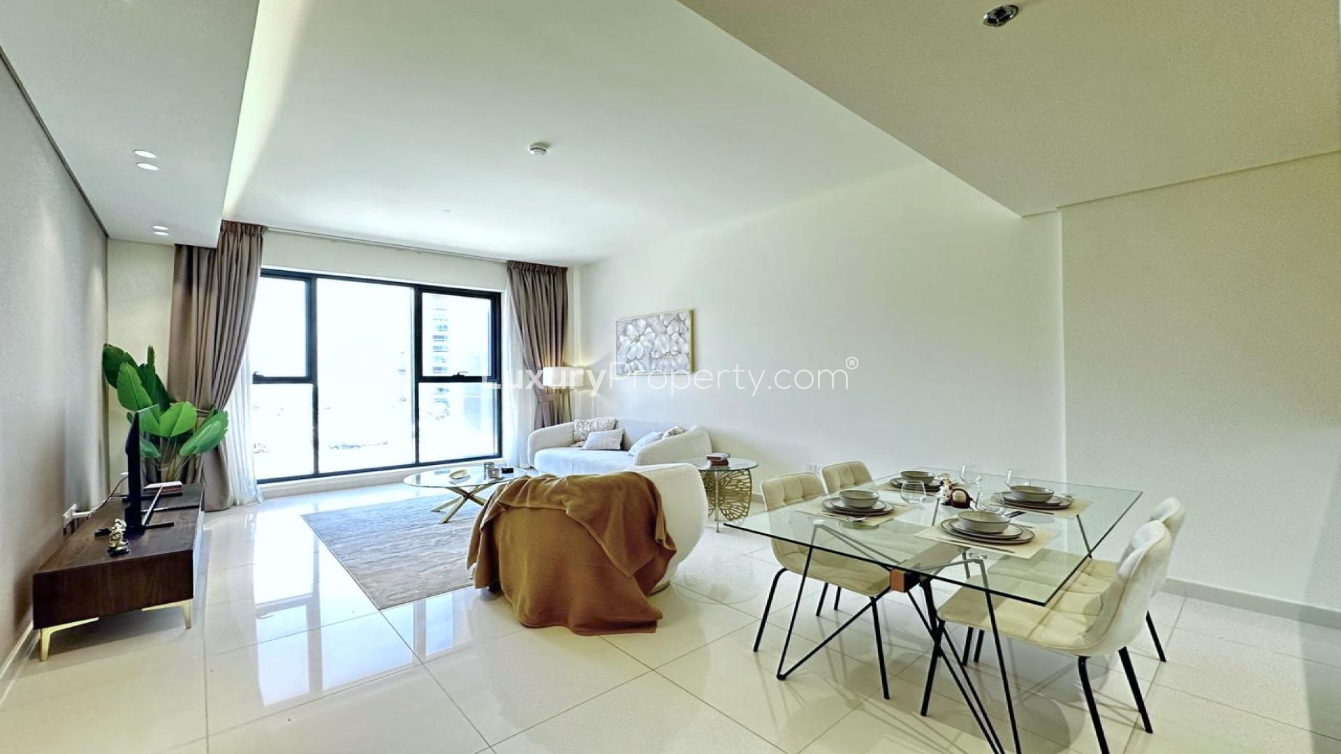 Modern living room in Mas Tower apartment, Dubai Silicon Oasis, with stylish decor and open layout