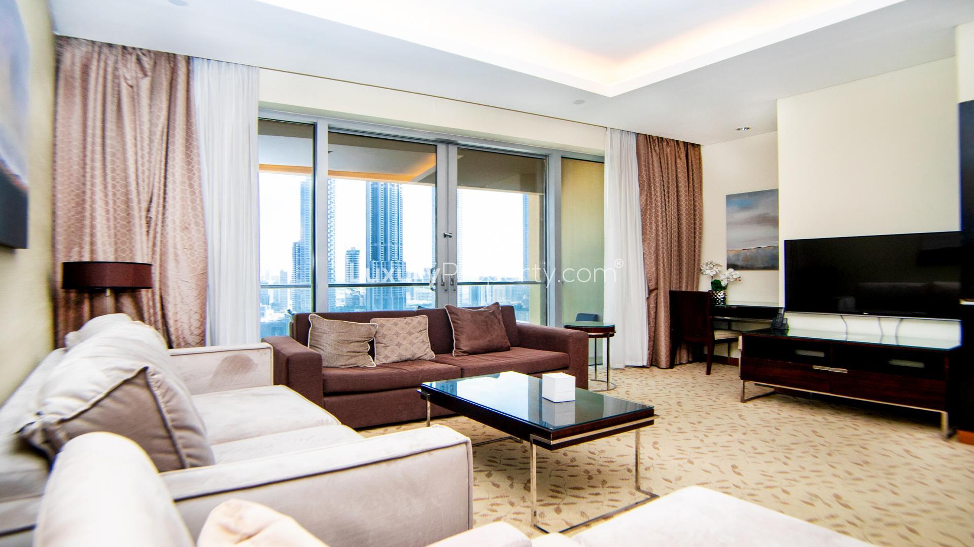 One-bedroom furnished apartment with Downtown Dubai views, The Address Dubai Mall, living room