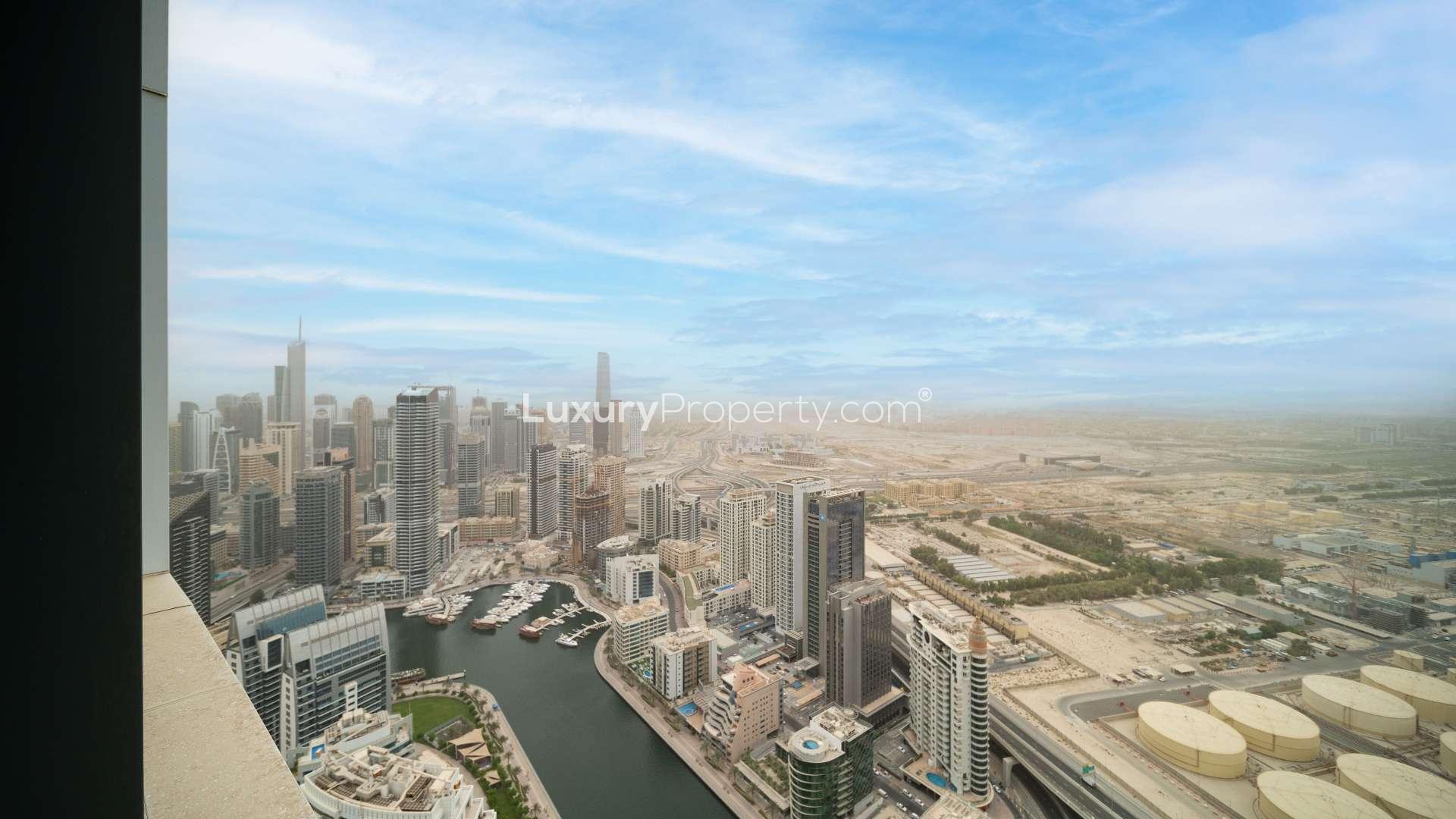 Fully furnished living room with marina view at The Address Jumeirah Resort apartment