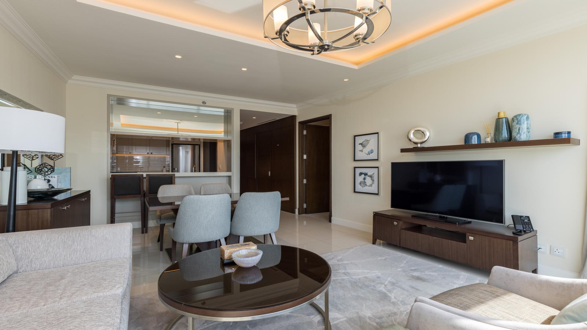 Luxury Downtown Dubai apartment with Burj Khalifa view, stylish interior, spacious living area