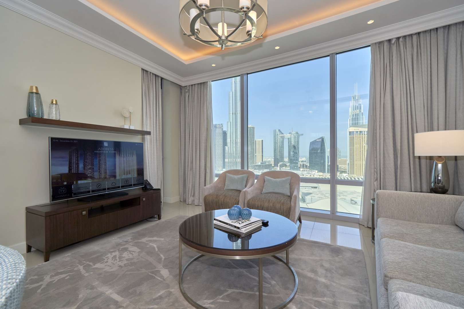 Fully furnished living room in 1-bedroom apartment, The Address Residence Fountain Views, Downtown Dubai