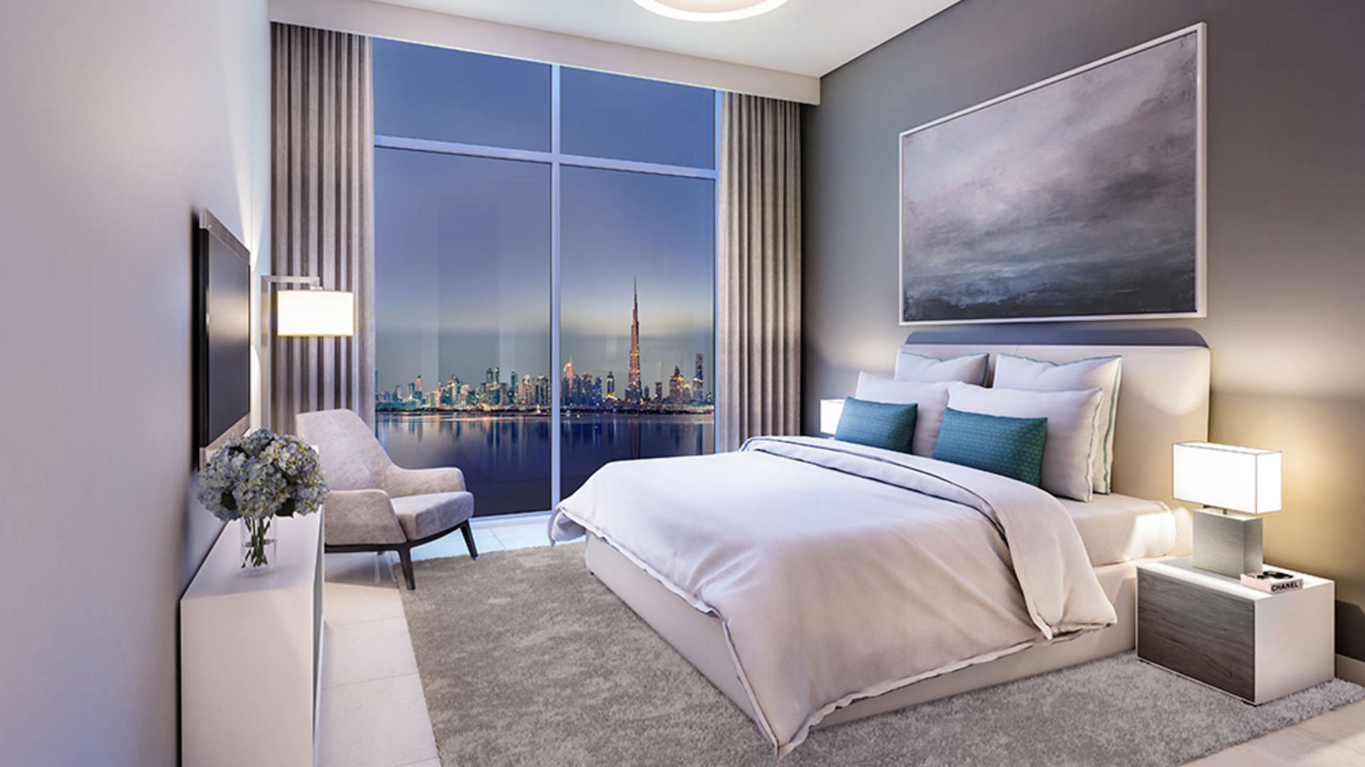 Modern apartment living room with stunning Dubai Creek Harbour views at The Cove