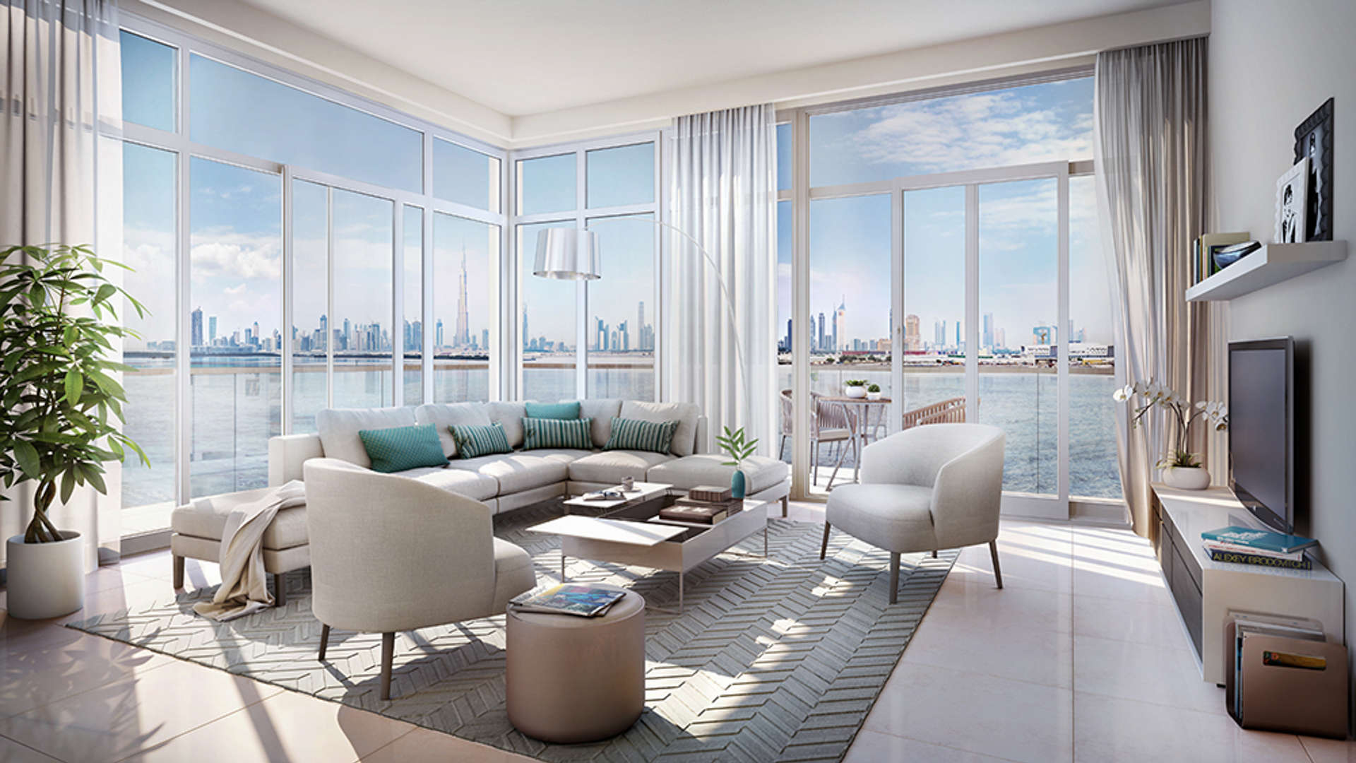 Spacious modern living room with city view in The Cove, Dubai Creek Harbour apartment