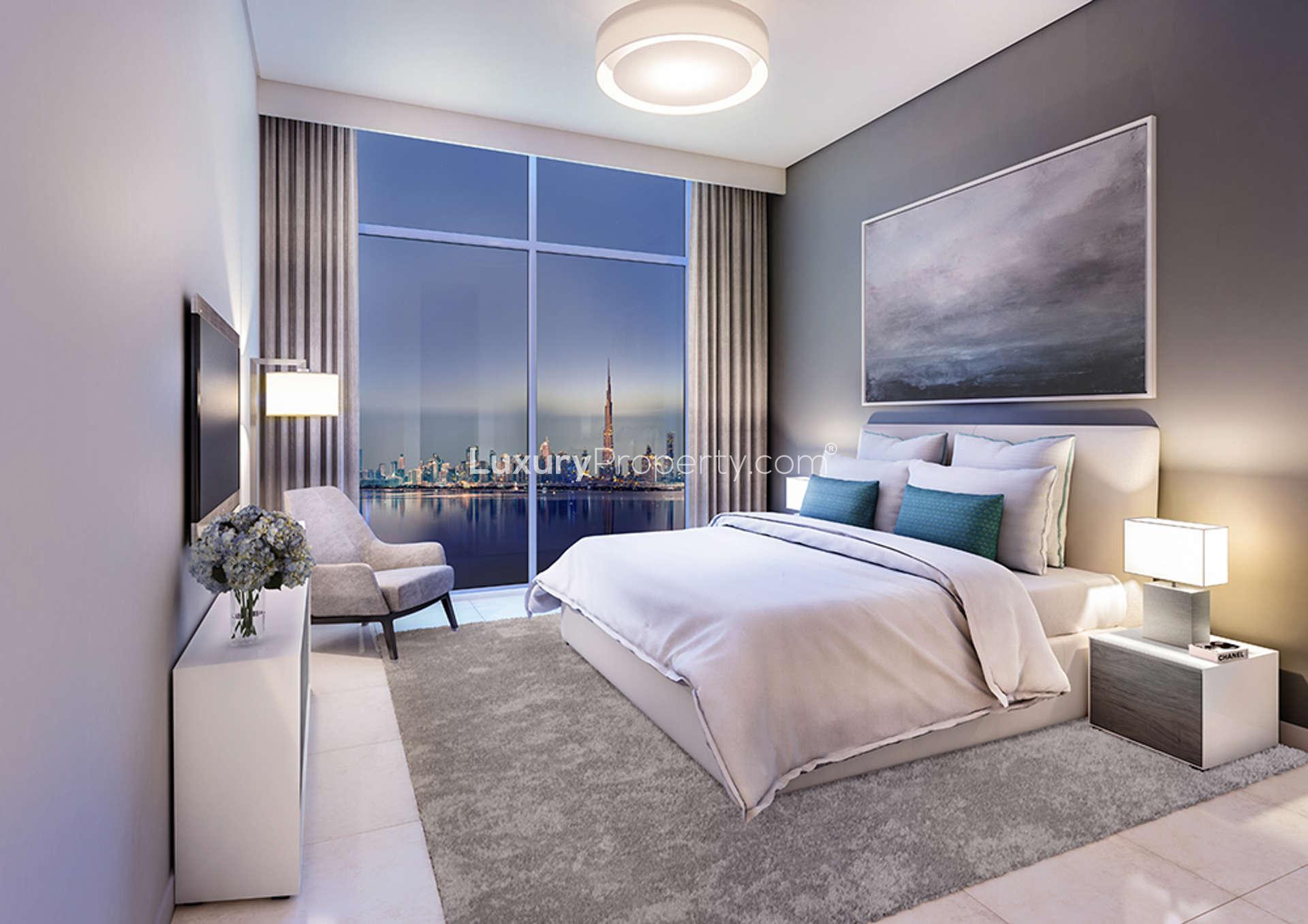 Luxurious lobby of four-bedroom apartment at The Cove, Dubai Creek Harbour, elegant decor