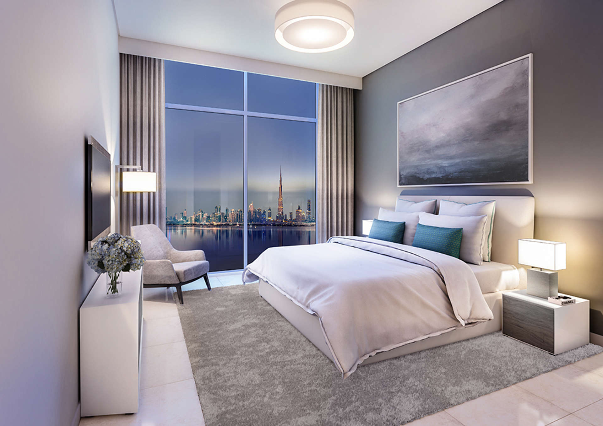 Luxurious lobby of four-bedroom apartment at The Cove, Dubai Creek Harbour, elegant decor