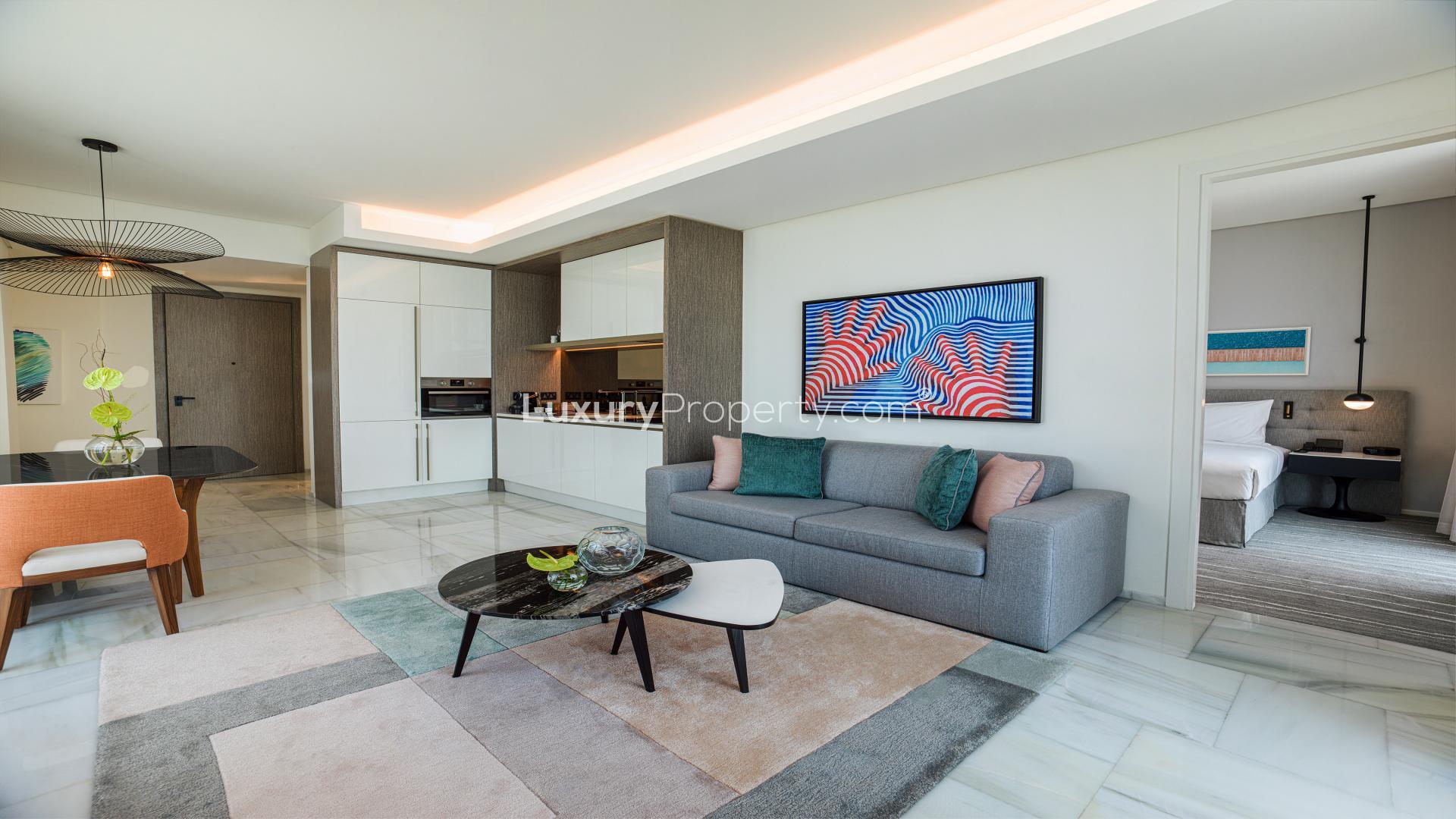 Spacious furnished apartment living room with sea view in Palm Jumeirah, Dubai