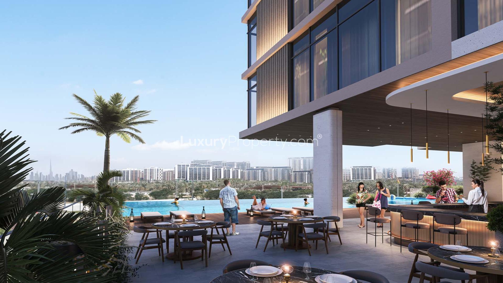 Mid-floor apartment in Mallside Residence, Dubai Hills Estate, with modern architecture and lush surroundings