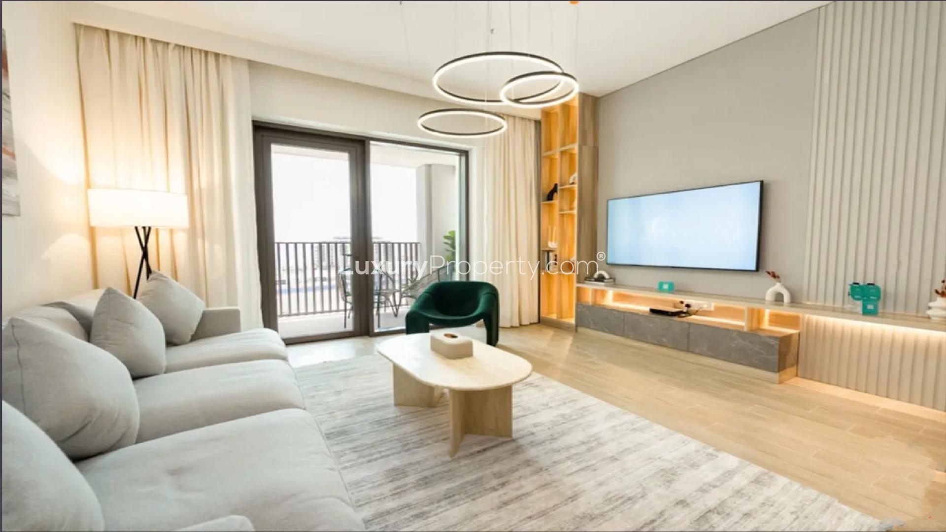 Fully furnished living area in 1-bedroom apartment, Creek Beach, Dubai Creek Harbour