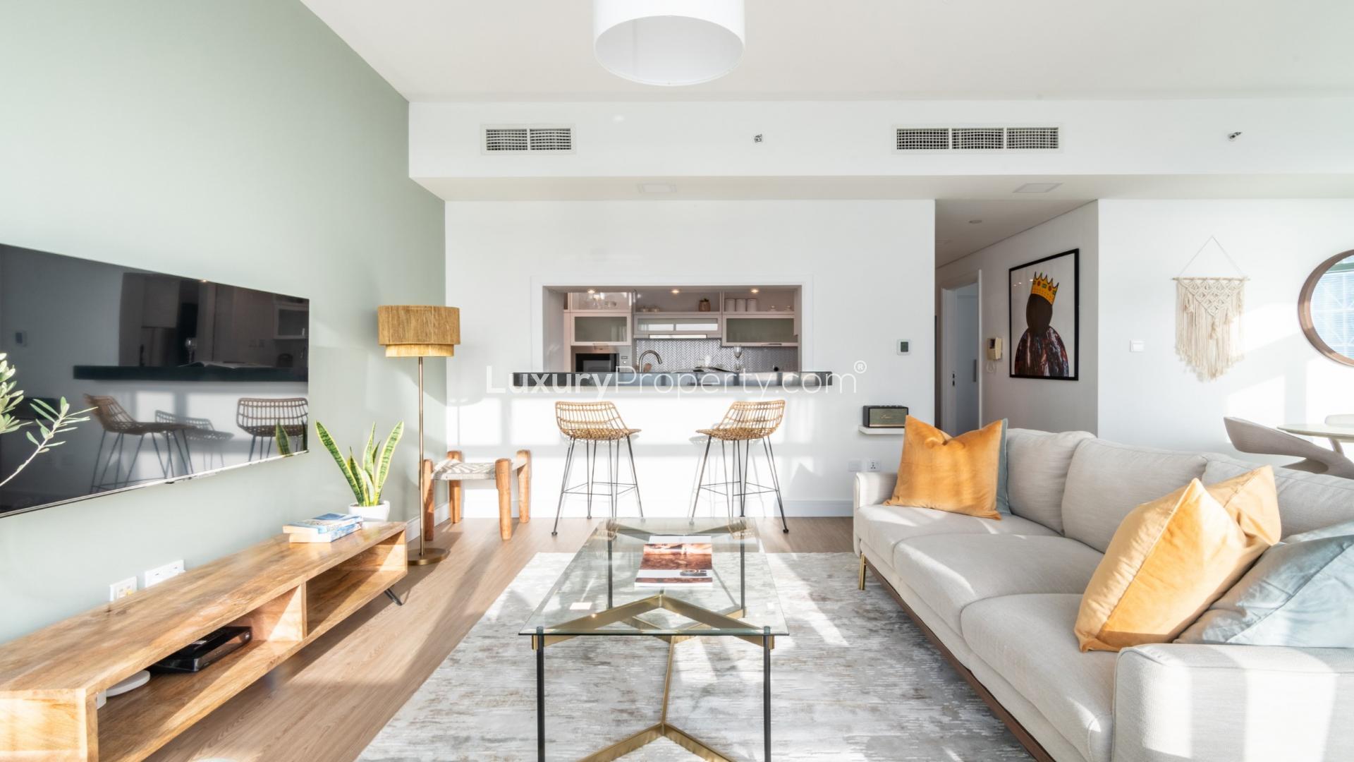 Fully upgraded, furnished living room in The Lofts apartment, Downtown Dubai