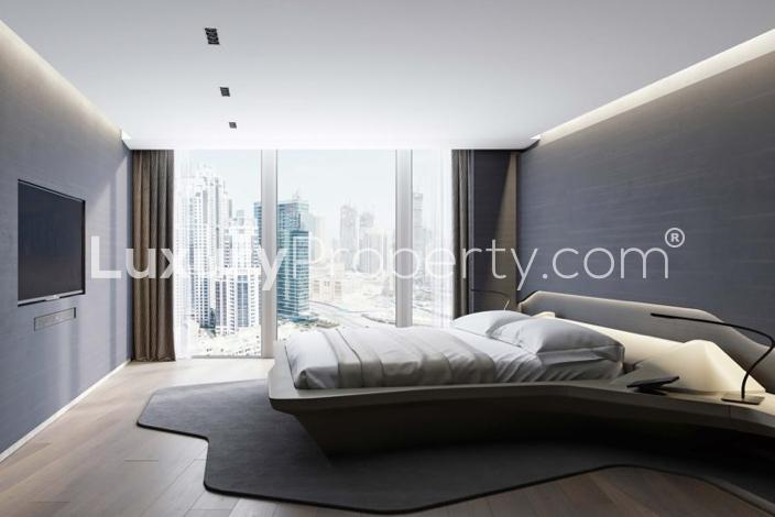 Luxurious bedroom in one-bedroom apartment at The Opus, Business Bay, with modern decor