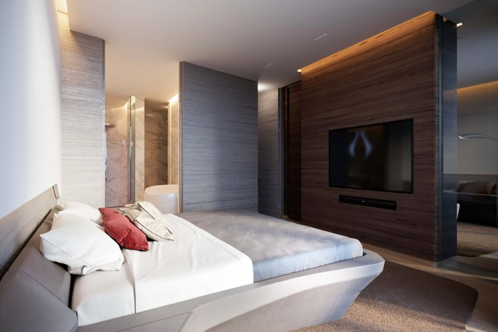 Rooftop pool area at The Opus, Business Bay, with city skyline views and modern design