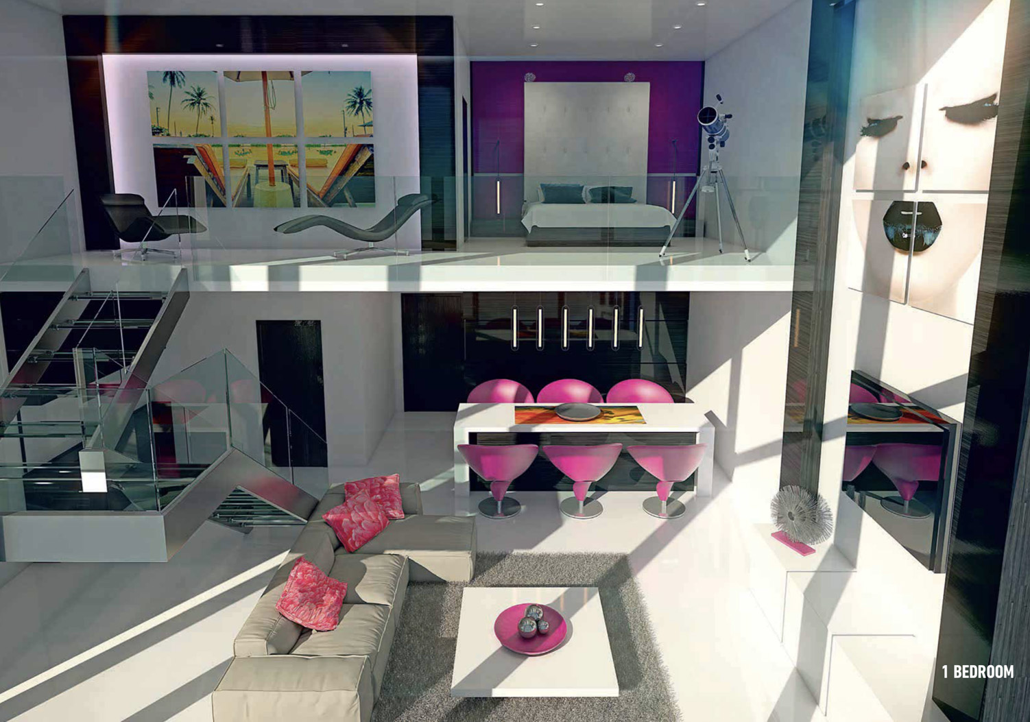 Luxurious apartment terrace at The Pad, Business Bay with modern lounge chairs and city view