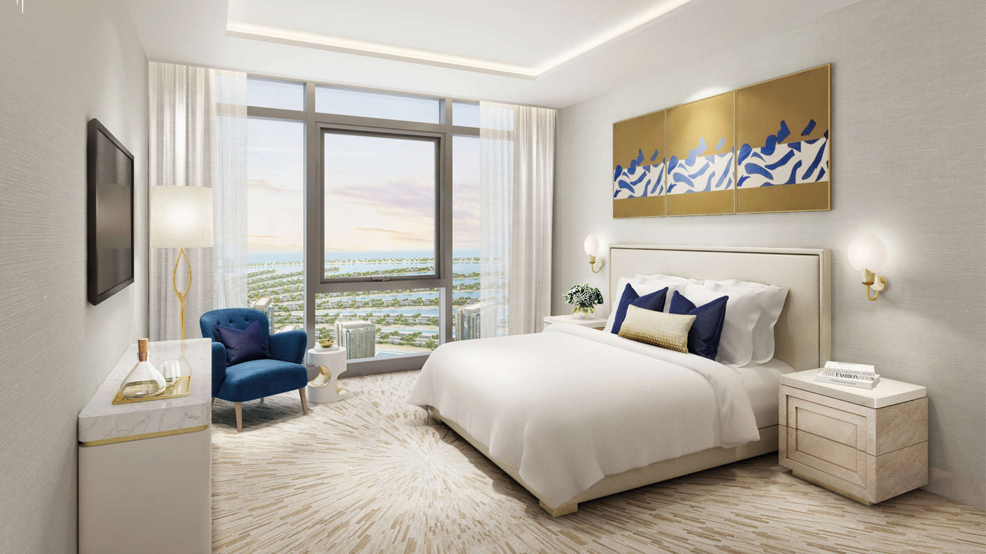 Spectacular view from The Palm Tower apartment, overlooking city skyline and water