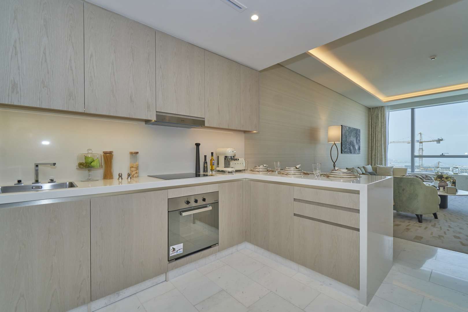 Furnished living room in The Palm Tower apartment, Palm Jumeirah, with scenic views