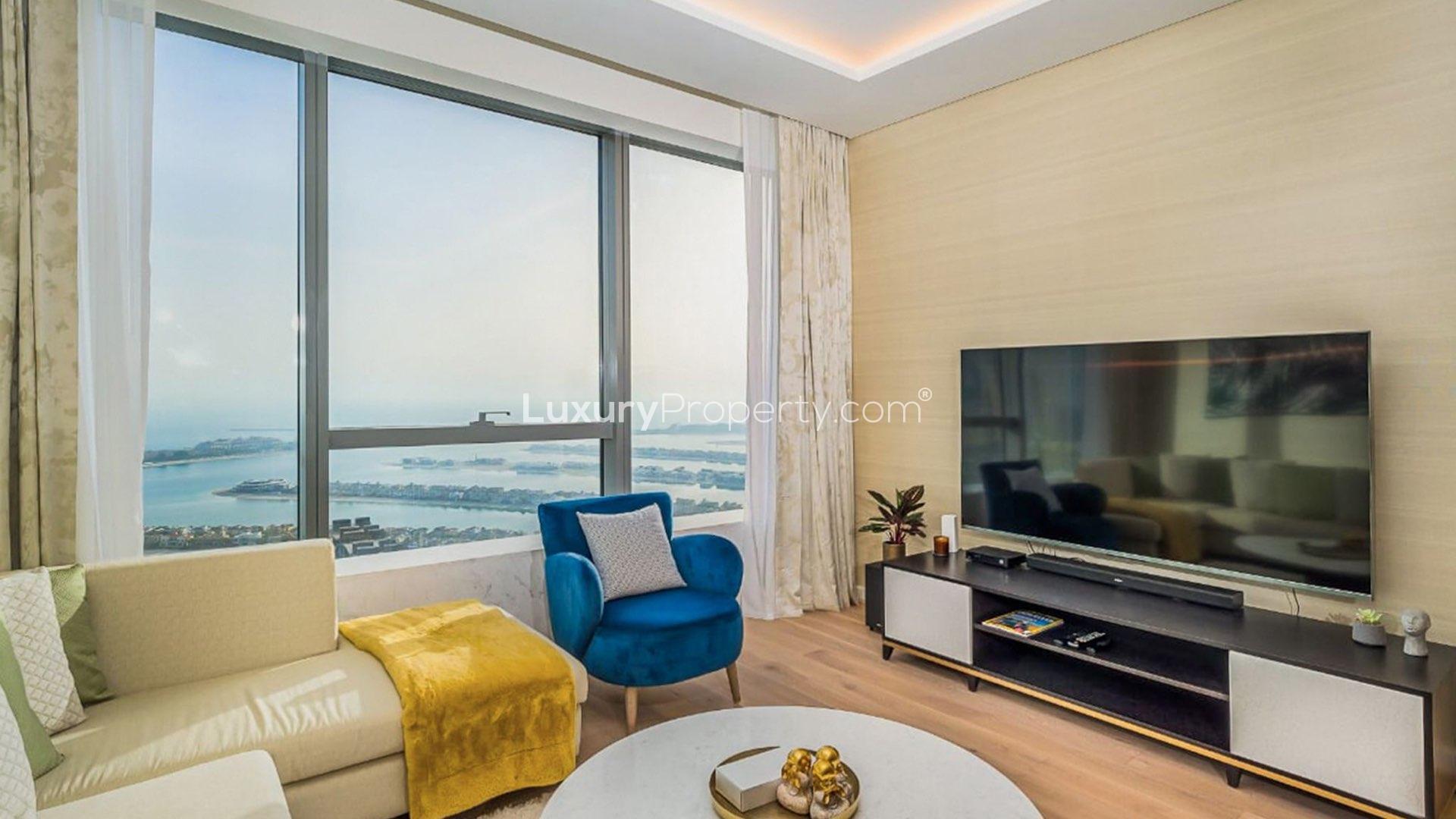 High floor apartment living room with Marina view in The Palm Tower, Palm Jumeirah